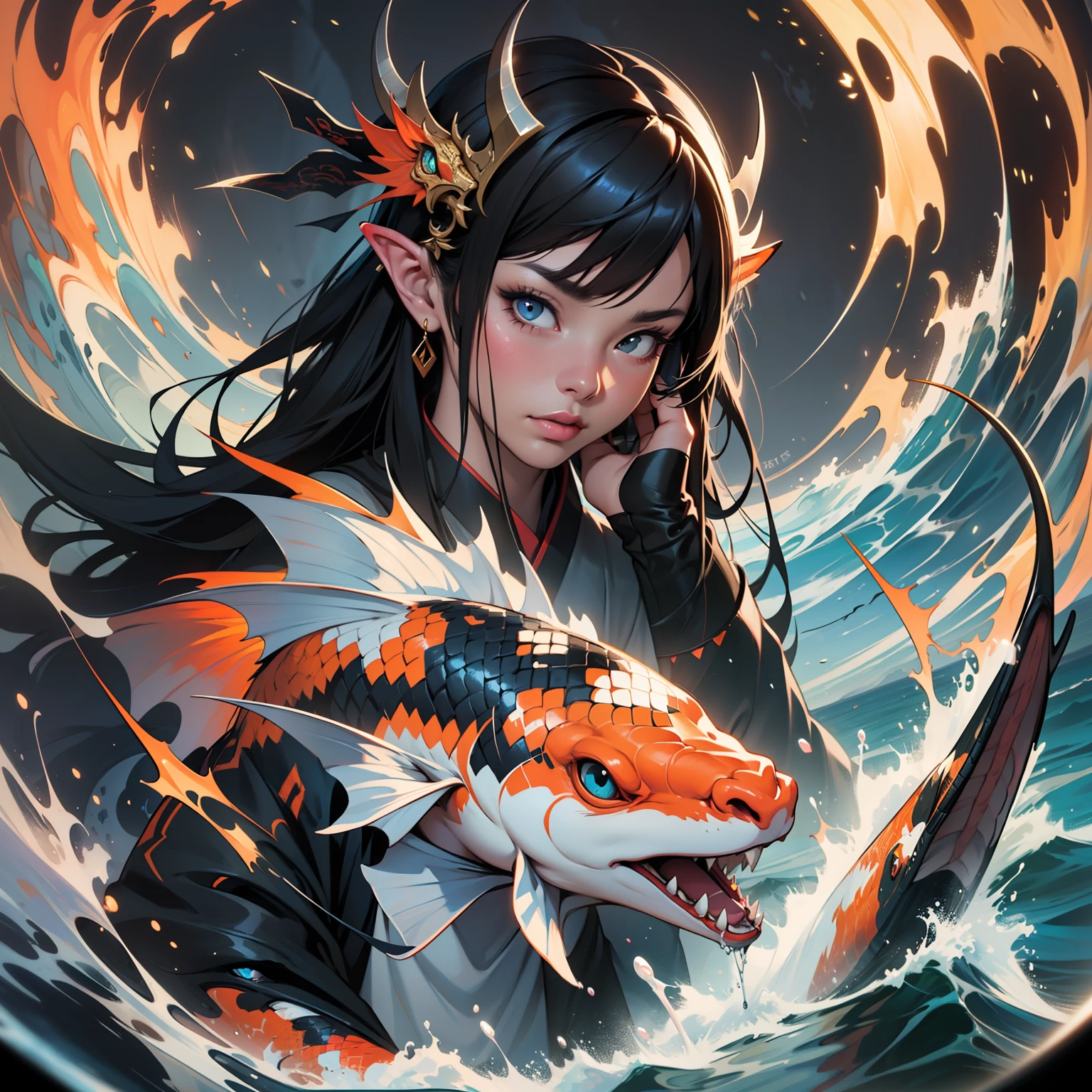 Chinese girl, calligraphy, asian appearance, red hanfu, koi fish, dragons, swirling waves, light reflections, muted colors, detailed, glitch art, dark environment, 8k, oil painting, art by Sakimichan, Daniel Gerhartz, light on face, mixed digital art technique, digital painting, ultra smooth, fluid, 3d fractals, light particles, alcoholic ink, smooth, shimmering, dreamy glow, 16k, sf, complex artistic masterpiece, ominous, matte picture movie poster, golden section, trending cgsociety, intricate, epic, trending on artstation, highly detailed, vibrant, production cinematic rendering of characters from artgerm, H. R. Giger and Beksinsky, ultra-high quality model