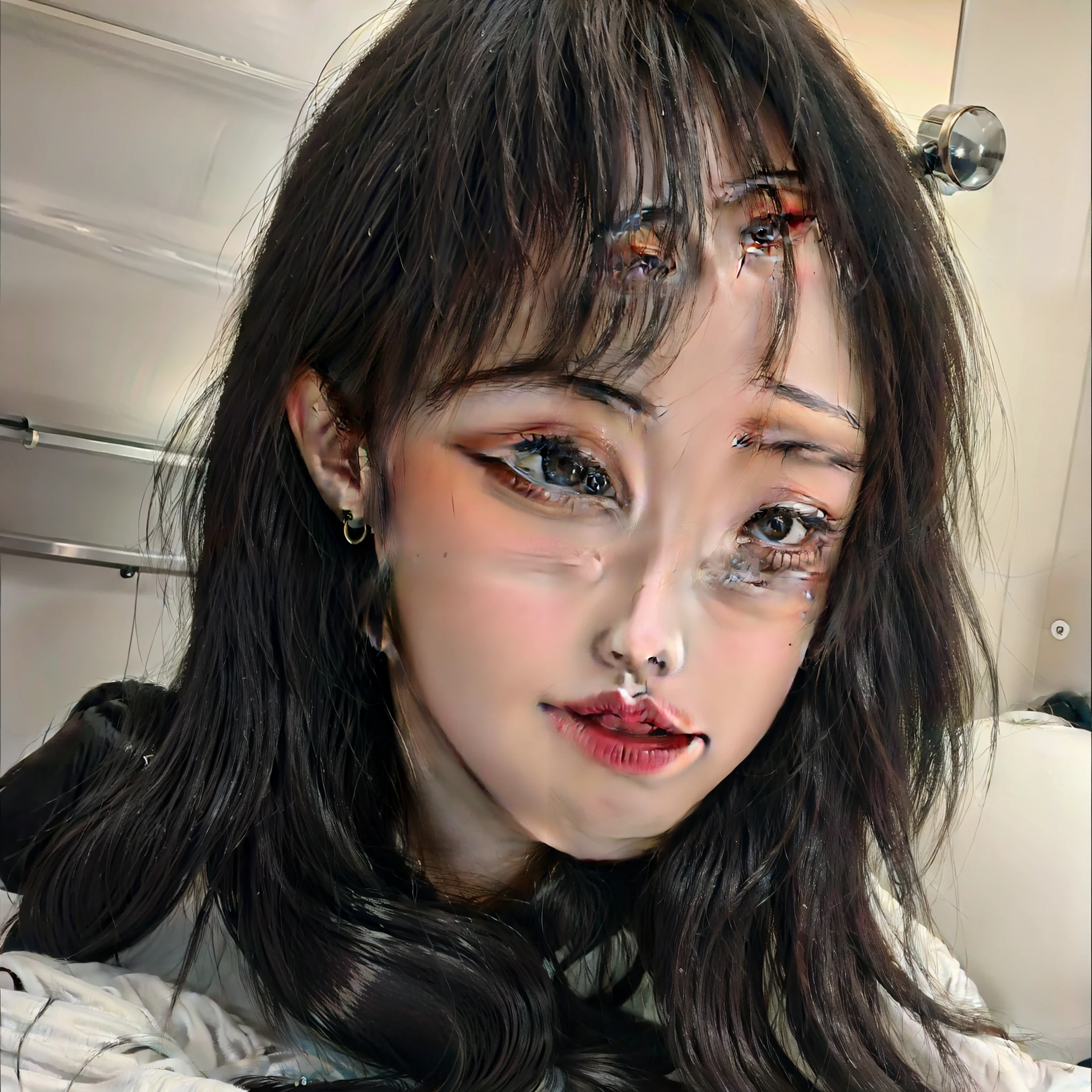 1 Girl, Beautiful Eyes and Face Details, Masterpiece, Best Quality, Close-up, Upper Body, Looking at the Viewer,8K, Best Quality, Masterpiece, Ultra High Resolution, (Realism: 1.4), Original Photo, (Realistic Skin Texture: 1.3), (Film Grain: 1.3), (Selfie Angle)