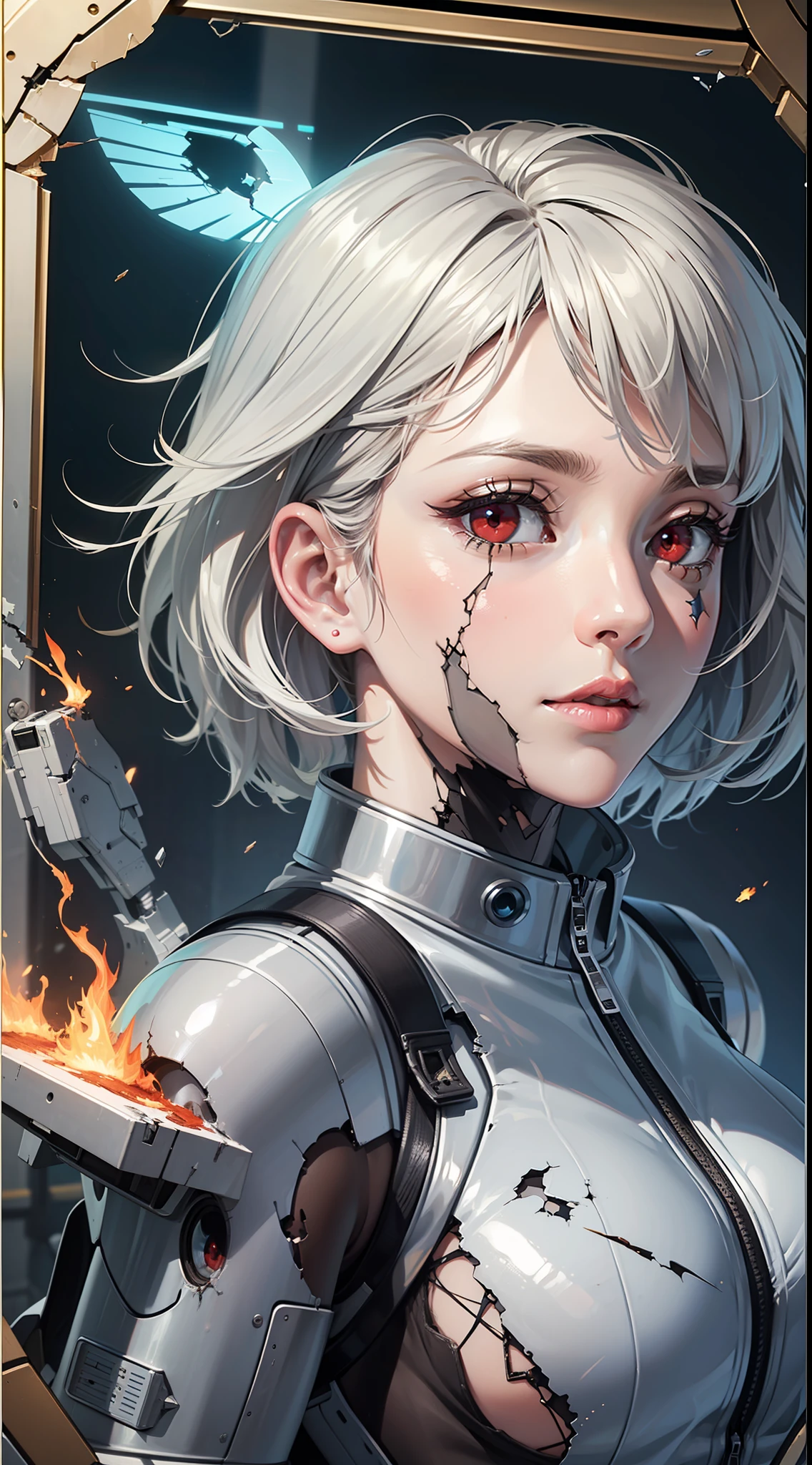 Realistic,flying machine,mecha,cable,plane,solo,1 girl,clear mechanical wings,glowing wings,glow,Blue flame,yellow and white mechs,The characters are all in the cockpit,high quality,realistic,high resolution,using Unreal Engine,3D rendering,Zbrush,science fiction,robots,flying in caves,beautiful,dressed,many details,((Short white hair)),(Future),scars above my eyebrow,girl,((Wave hair)),HD,more details,beauty is in the details,((Pilot clothes)),(pilot girl),(transparent glass:2),Out of the glass,(Clean glass:1.3),(Halo:1.2),Beautiful eyes,(((Broken clothes:1.8))),((((2d:1.7)))),(((highlight:1.4))),aircraft,(vision:1.4),(Flight overview:1.6),(Aircraft as the main body:1.5),(Falling dust:1.3),(Red eyes:1.4),(Eyes on fire:1.4),