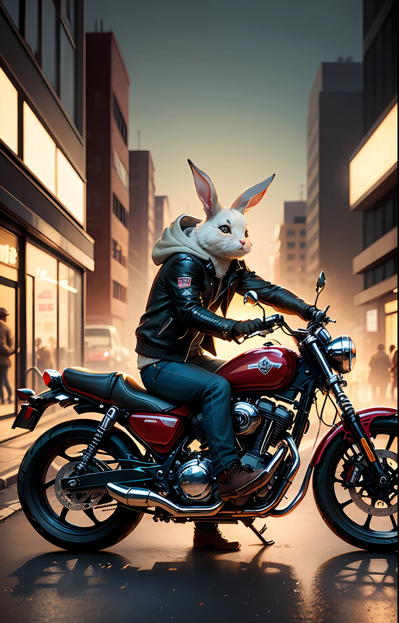 Masterpiece, (ultradadetailed), (Animal anthropomorphism), gangster theme, rabbit, jacket, redhead. Motorcycle riding in dim light, tattoos, machine guns, smoke, shadows, corrupted cityscapes, highest quality, single focus, (thinness: 1.04), muscle, full-body, complex (high detail: 1.1) --auto
