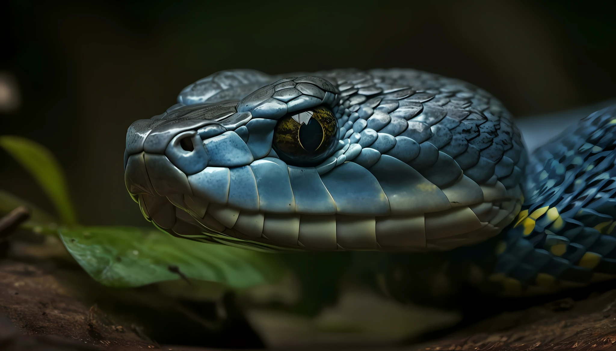 a close up of a blue snake with a green leaf in its mouth, reptile face, snake head, snake mouth, snake tongue, reptile eyes, snake scales, reptile, closeup portrait shot, blue scales, big snakes heads, snake body, reptiles, snake art, portrait of a sacred serpent, maxwell boas, closeup 4k, snake skin, snake fangs