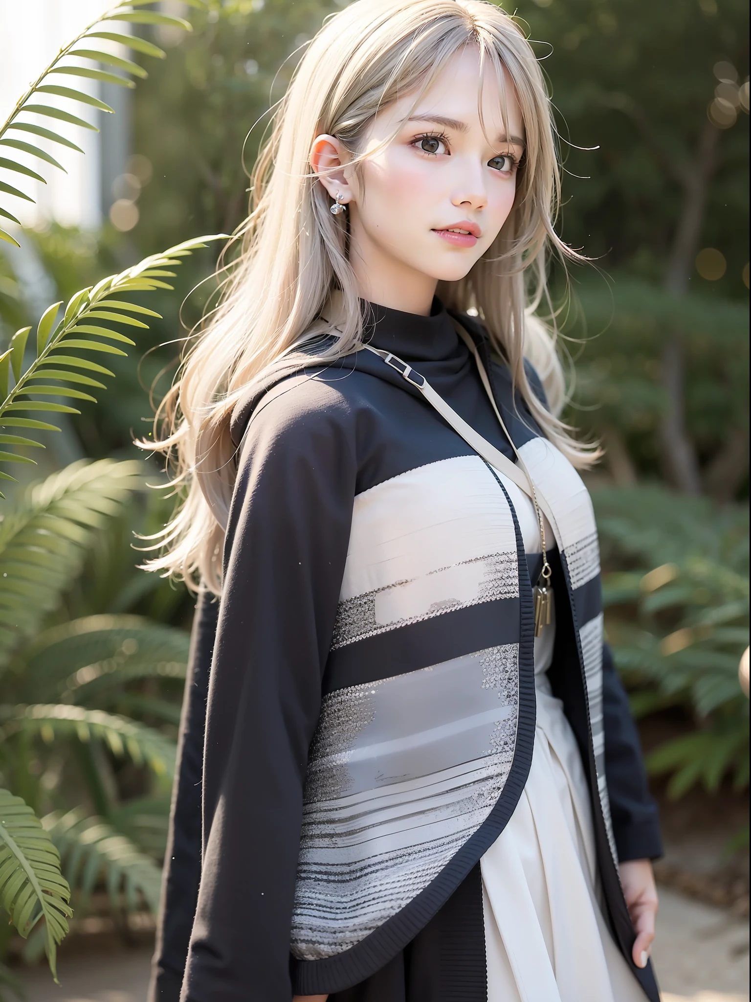 a beautiful female, three kind of styles, Cape hood, skirt, beautiful beach, white sands, sunlight on the female's face, gradient hair, black hair, silver hair, long hair, hair behind ear, eye reflection, panorama, ray tracing, reflection light, chiaroscuro, masterpiece, best quality, high quality, ccurate, anatomically correct, textured skin, high details, UHD, HD