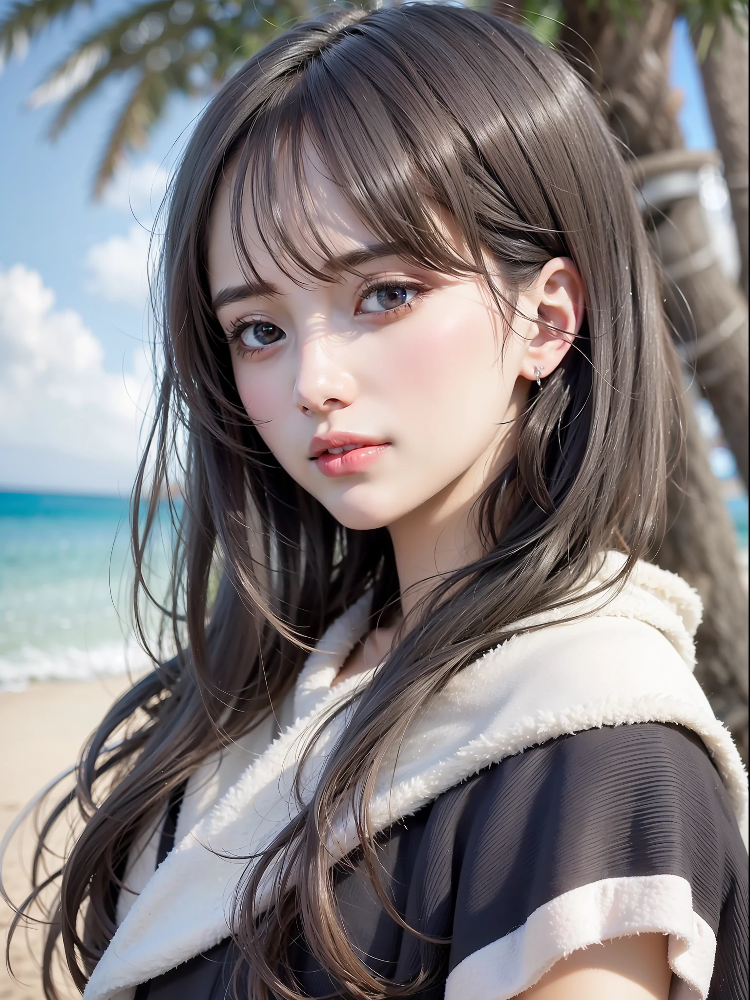 a beautiful female, three kind of styles, Cape hood, skirt, beautiful beach, white sands, sunlight on the female's face, gradient hair, black hair, silver hair, long hair, hair behind ear, eye reflection, panorama, ray tracing, reflection light, chiaroscuro, masterpiece, best quality, high quality, ccurate, anatomically correct, textured skin, high details, UHD, HD