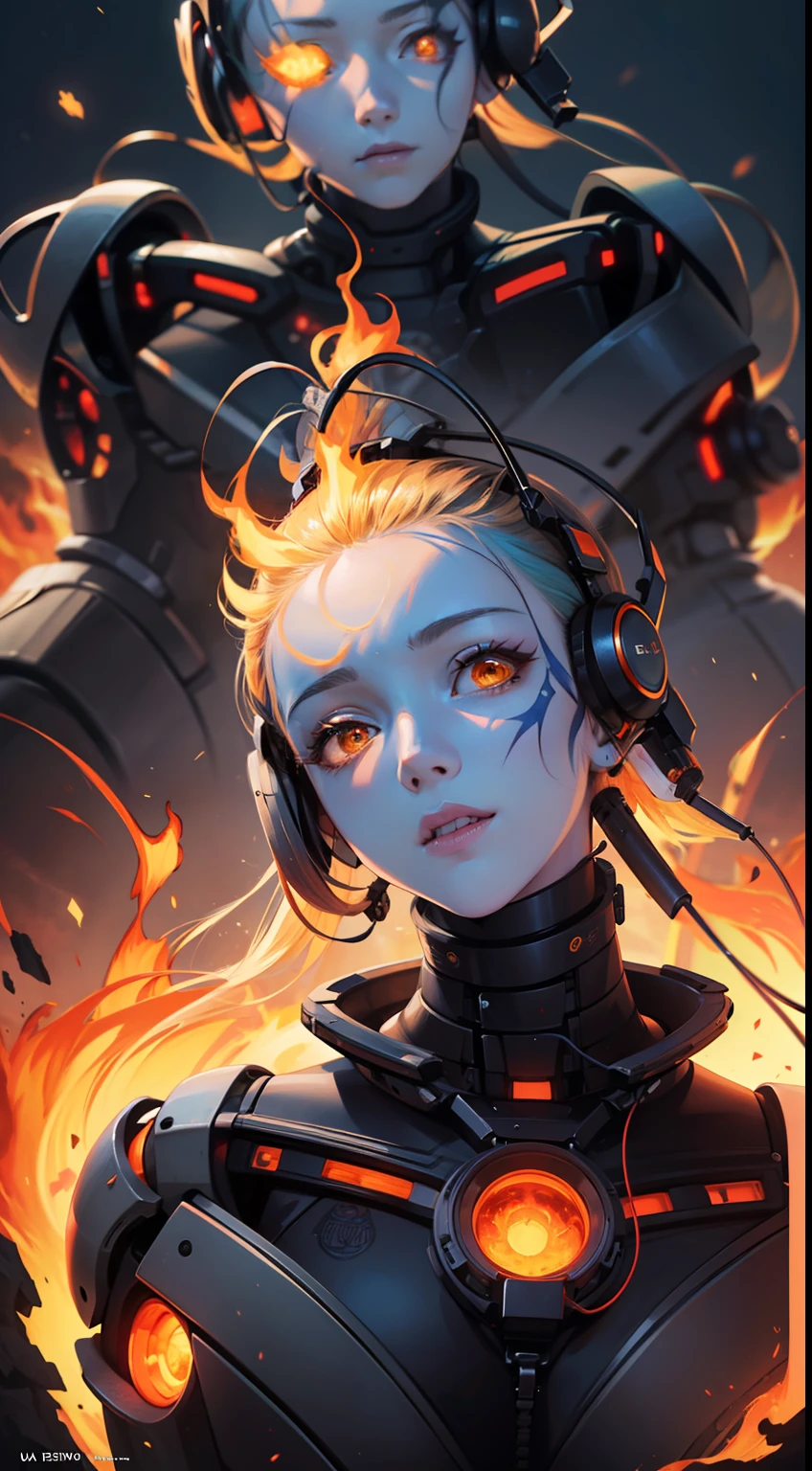unparalleled masterpiece,ultra realistic 8k CG,perfect artwork,anime key visual,intricate details,medium wide shot of a hairy well-polished Lovecraftian AI,Tribal Tattoos,Robobotic Arms,horizon-centered,Ultrarealistic,Zoom lens,Orange and Teal flakes,glowing,aflame,shimmering,biotech,