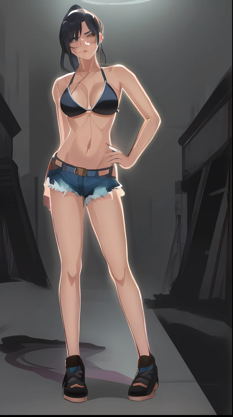 Cartoon of a woman in a bikini top and shorts with a purse, of frontline girls, front line style girls, fine details. front line girls, thigh focus, seductive anime girl, revealing outfit, moody scene noire, ecchi anime style, cell shaded adult animation, SFW Version, (sfw) safe for work, Varied positions, big breasts, black hair