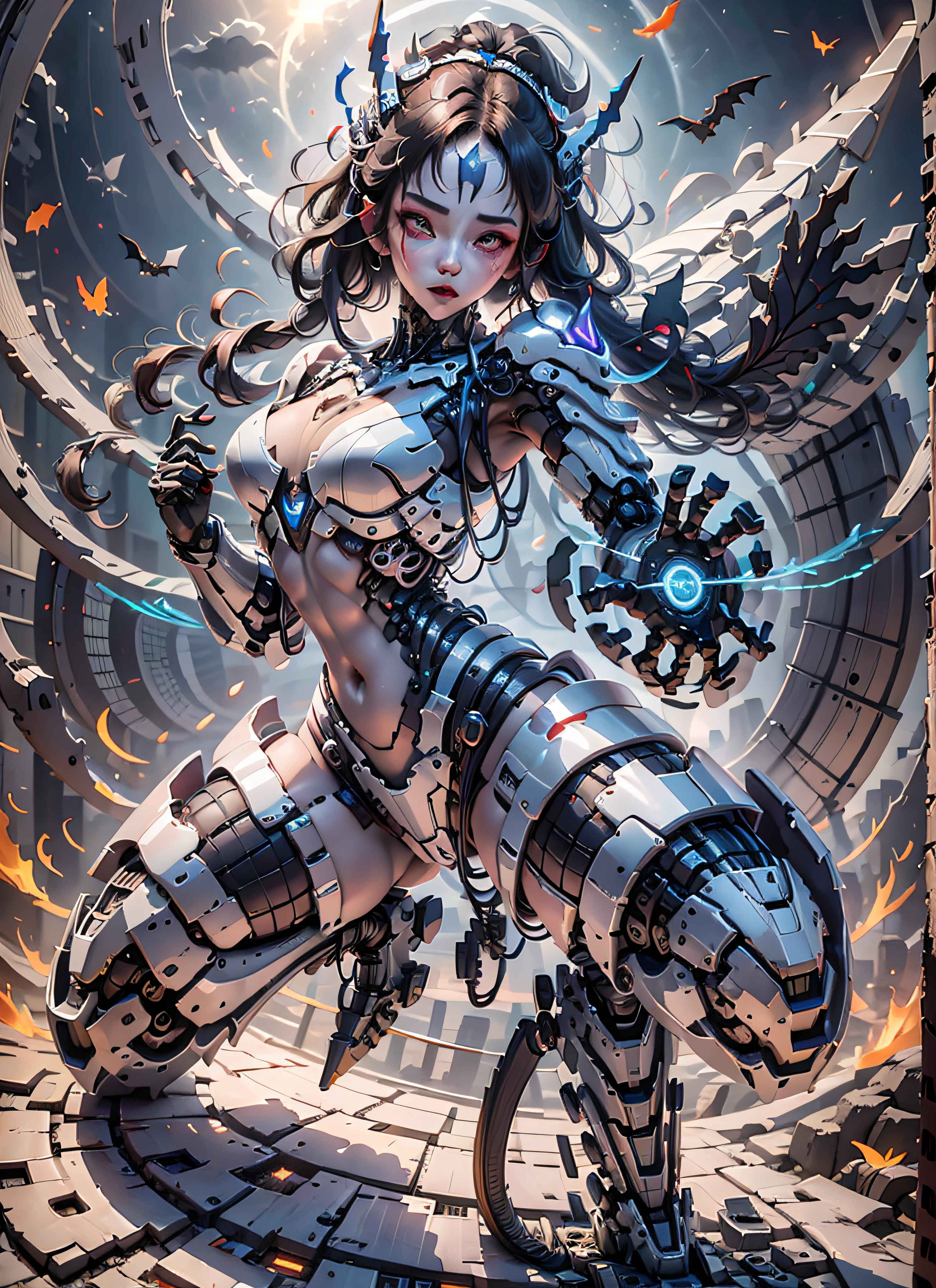 (Best Quality)), ((Masterpiece)), (Very Detailed: 1.3), 3D, Beautiful cyberpunk woman, predator cosplay, sci-fi technology, HDR (High Dynamic Range), ray tracing, nvidia RTX, super resolution, unreal 5, subsurface scattering, PBR texture, post-processing, anisotropic filtering, depth of field, maximum sharpness and sharpness, multi-layer texture, specular and albedo mapping, surface shading, accurate simulation of light-material interactions, perfect proportions, octane rendering, duotone lighting, low ISO, white balance, rule of thirds, wide aperture, 8K RAW, high efficiency subpixels, subpixel convolution, light particles, light scattering, Tyndall effect, very sexy bikini, full body, battle pose, red hair with braids, bats in the sky notuno, full moon,