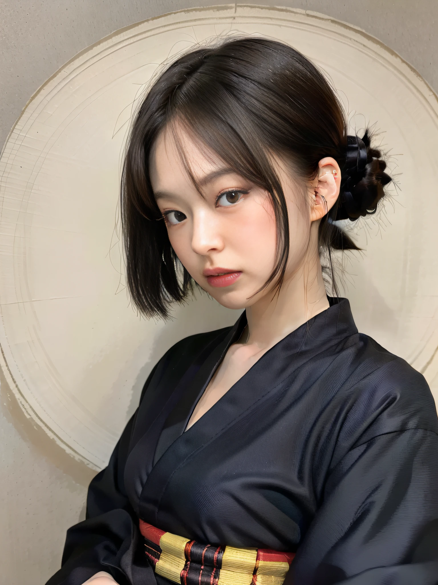 Jennie face shape, a woman in a black dress, complex hakama, hakama kimono, Japanese clothing, 1 9 2 0 s, 1920s, 1 9 2 0 cloth style, wearing hakama, 1 9 1 0 s, 1910s, inspired by Akira Yamamoto