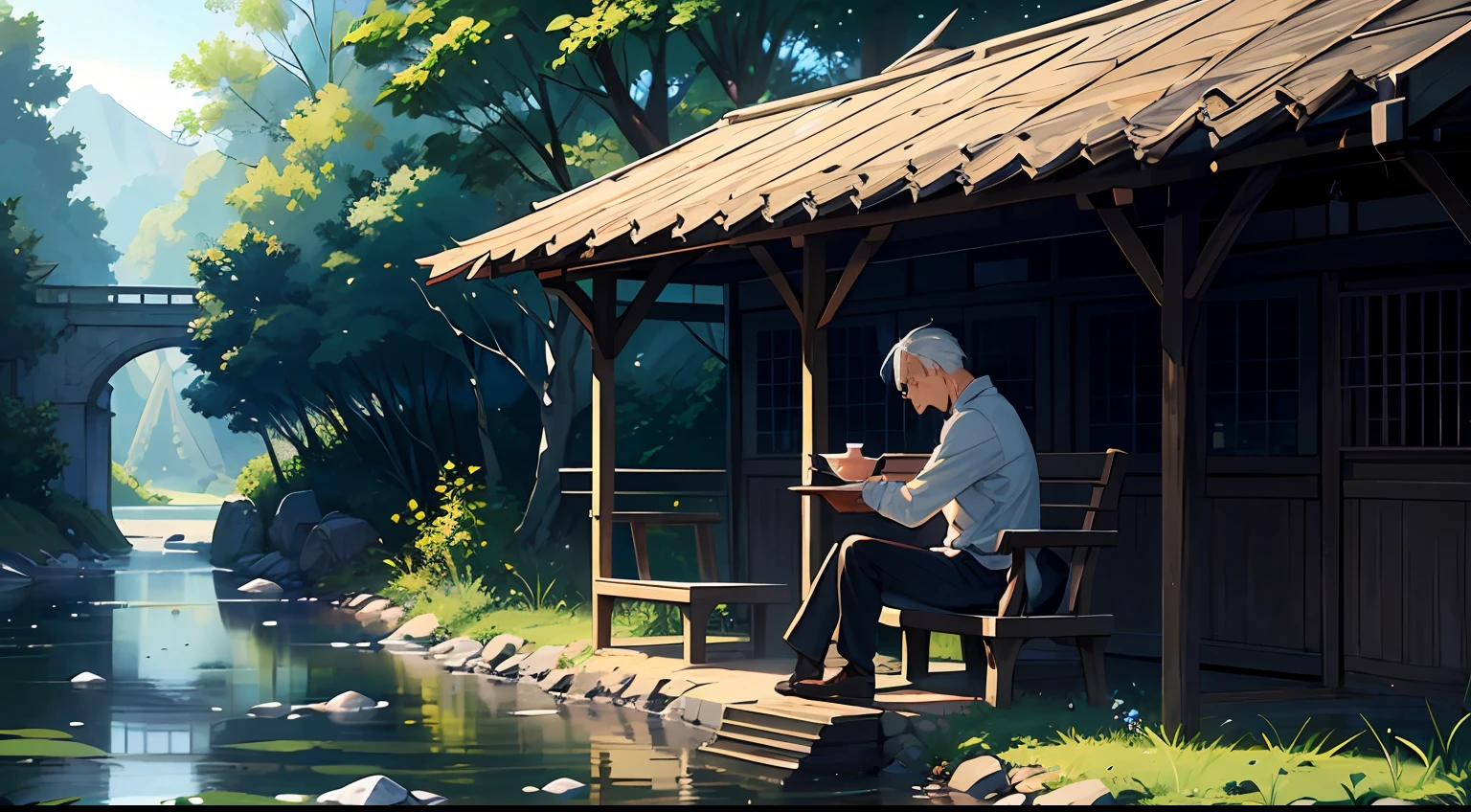 man sitting by a river, sad, waiting for someone who has left, age 50 years, teaeu, white hair, tears streaming down his face, --auto