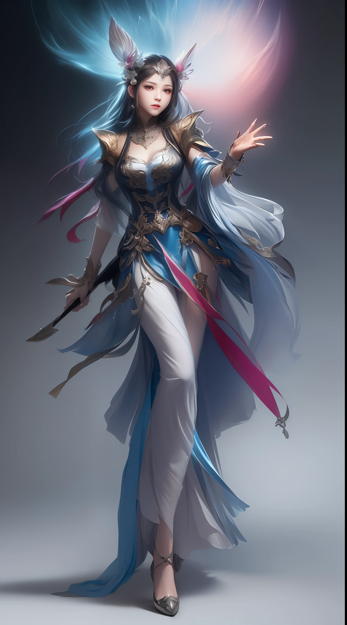 (8k, RAW Photos: 1.2), Best Quality, Illustration, Beautiful Painting, 1 Woman, Beautiful Face, Delicate Skin, Gorgeous Bun, Hair Accessories, Hanfu, Full Body, High Detail, Accent, Color Ink Painting, Splash Color, ((((colorful))), lycoris, sketch, denoising, ink splash, dramatic, cinematic, particle effects, fairy style, white background, super high resolution, best shadow, RAW, (HDR) (wallpaper) (cinematic lighting) (sharp focus), masterpiece, (Very detailed CG unified 8k wallpaper)