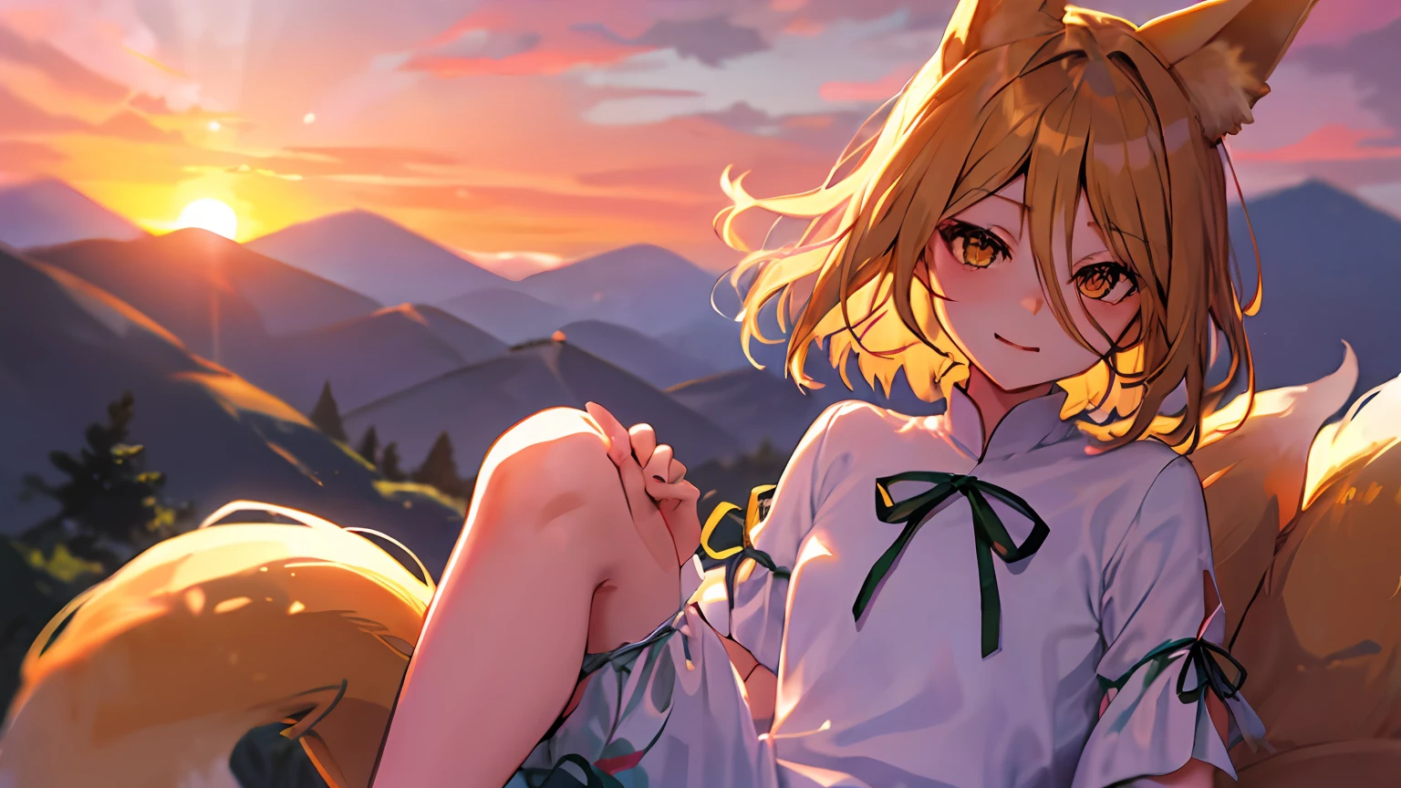 Kudamaki Tsukasa, fox ears, fox tail, hair between eyes, white romper, green ribbon, mountain, sunset, short hair,