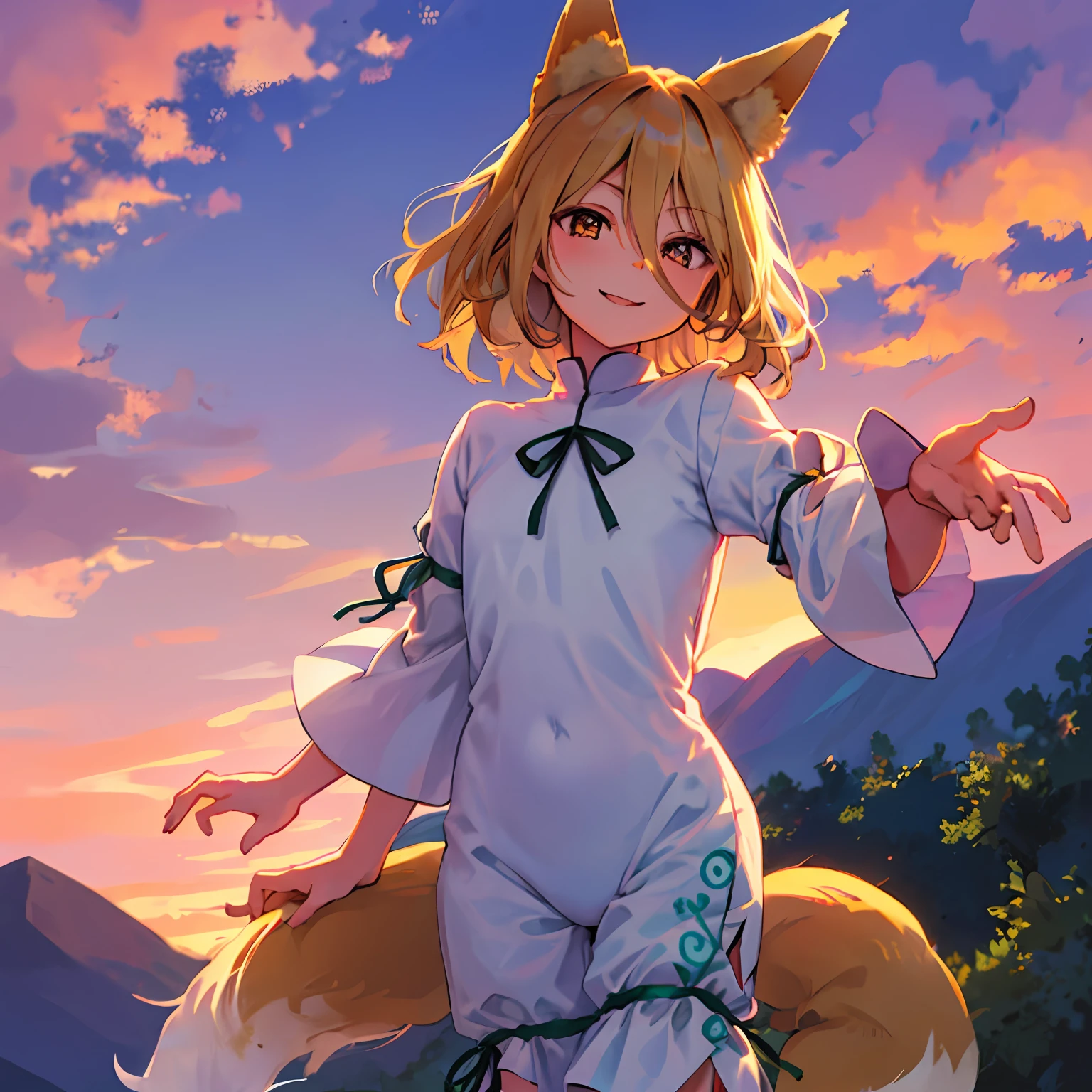 Kudamaki Tsukasa, fox ears, fox tail, hair between eyes, white romper, green ribbon, mountain, sunset, purple sky, smile