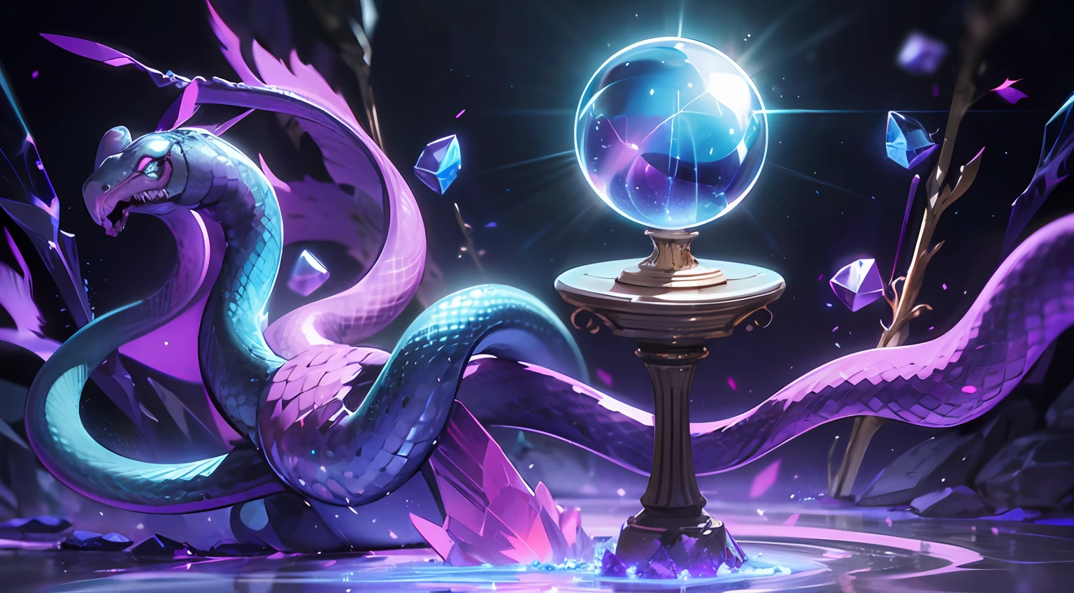 "(masterpiece) game original art style, fine depiction, (blue-purple light glowing crystal ball), crystal ball around (purple snake body), snake body with random patterns and blue glare, snake eyes (glowing water), mouth open, crystal cave in the background, light effect" --auto