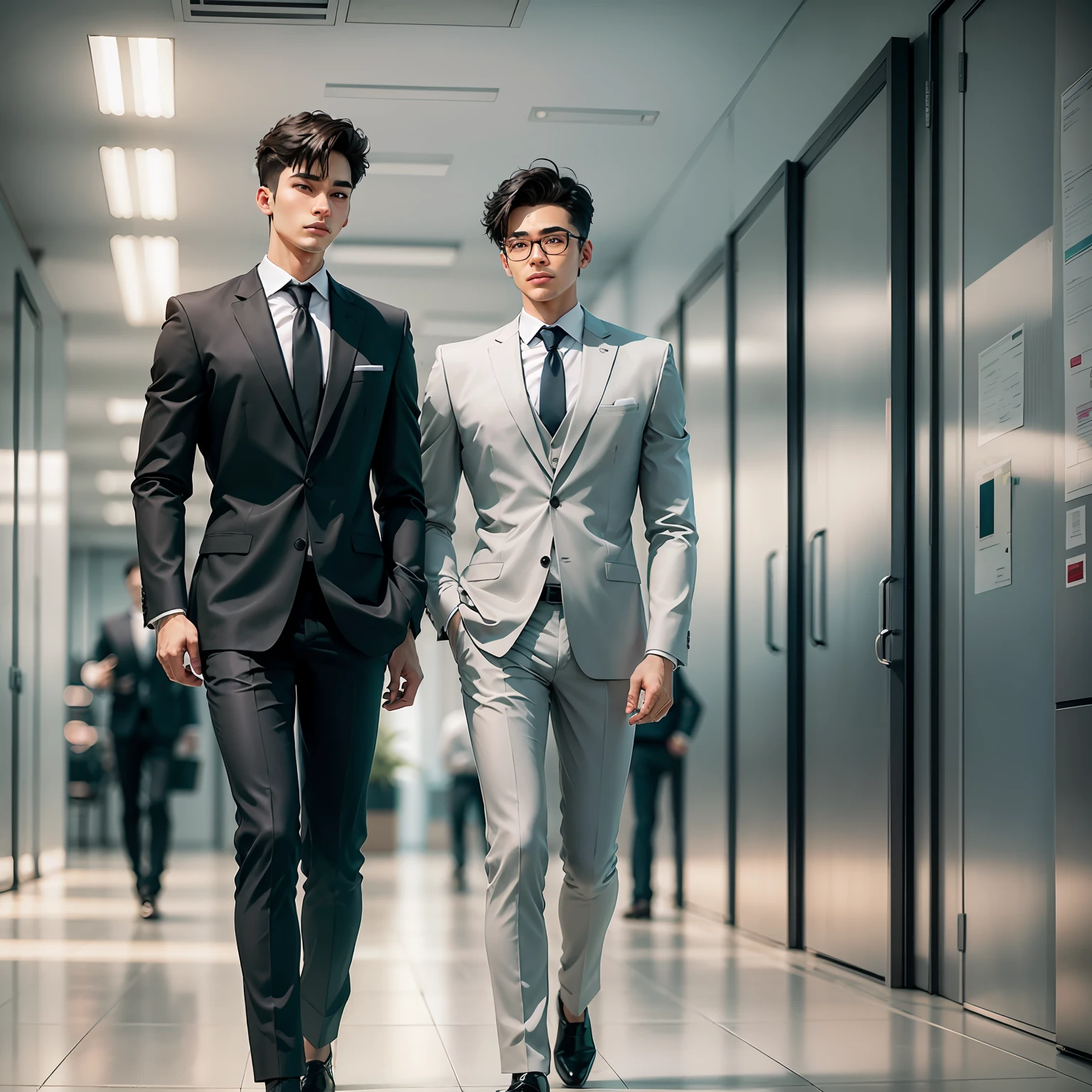 two men holding hands in sign of partnership, workplace, suit, day --auto