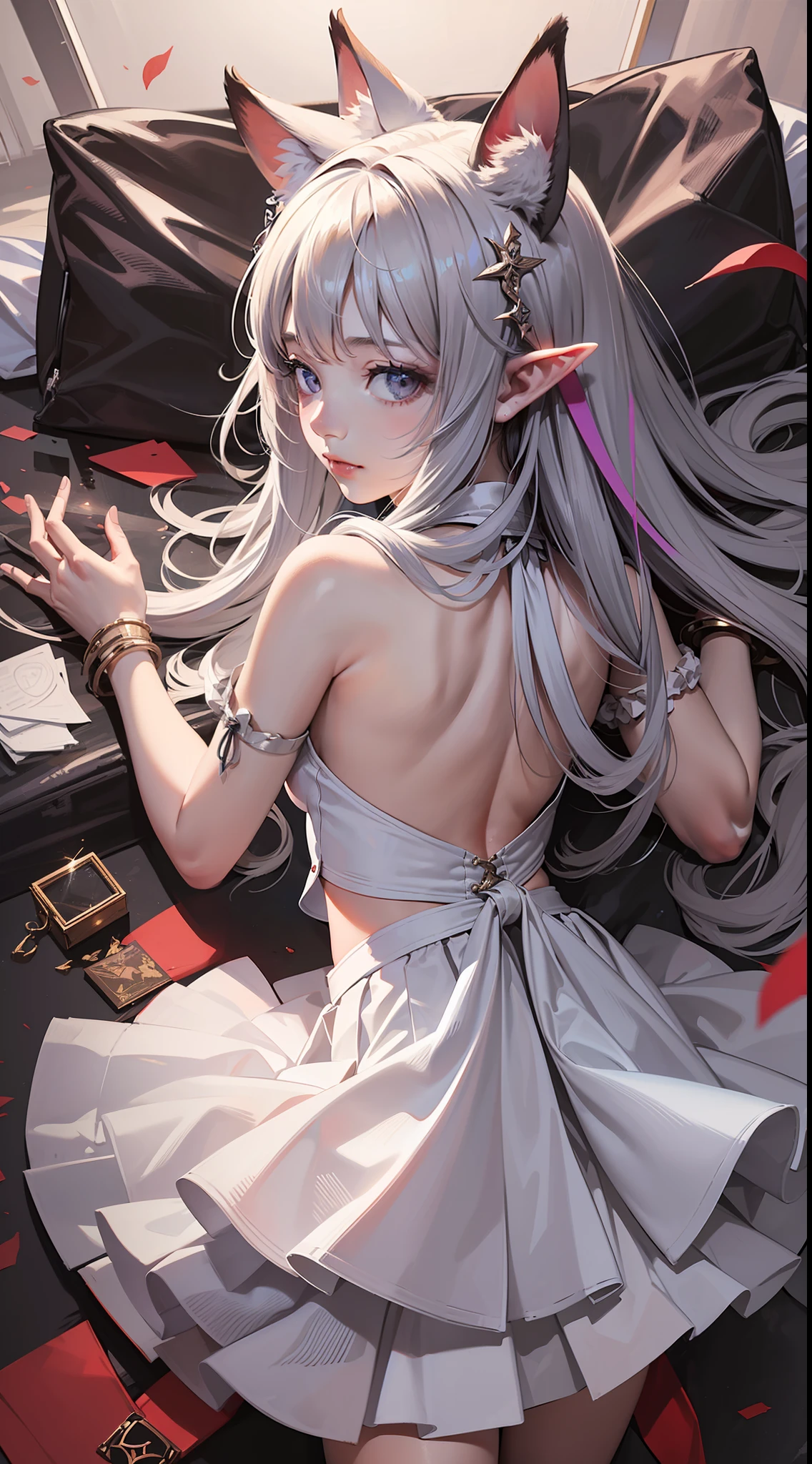(original), (masterpiece) , (best quality), (reality),photorealistic, Octane rendering, (surreal:1.1), perfect features,1 girl, colorful,translucent hair, (glowing inner hair),the perfect appearance,[pink eyes | blue eyes],grey hair,hime cut,(dress),long hair,barefoot sandals,bare shoulder,(chiaroscuro lighting:1.2),(flat color:1.1),(lying on stomach:1.25),(loli),elf,(from above:1.25),fox ears,looking at viewer,(cowboy shot:1.25),from back,(face Focus),(from back:1.2),(white skirt:1.35)