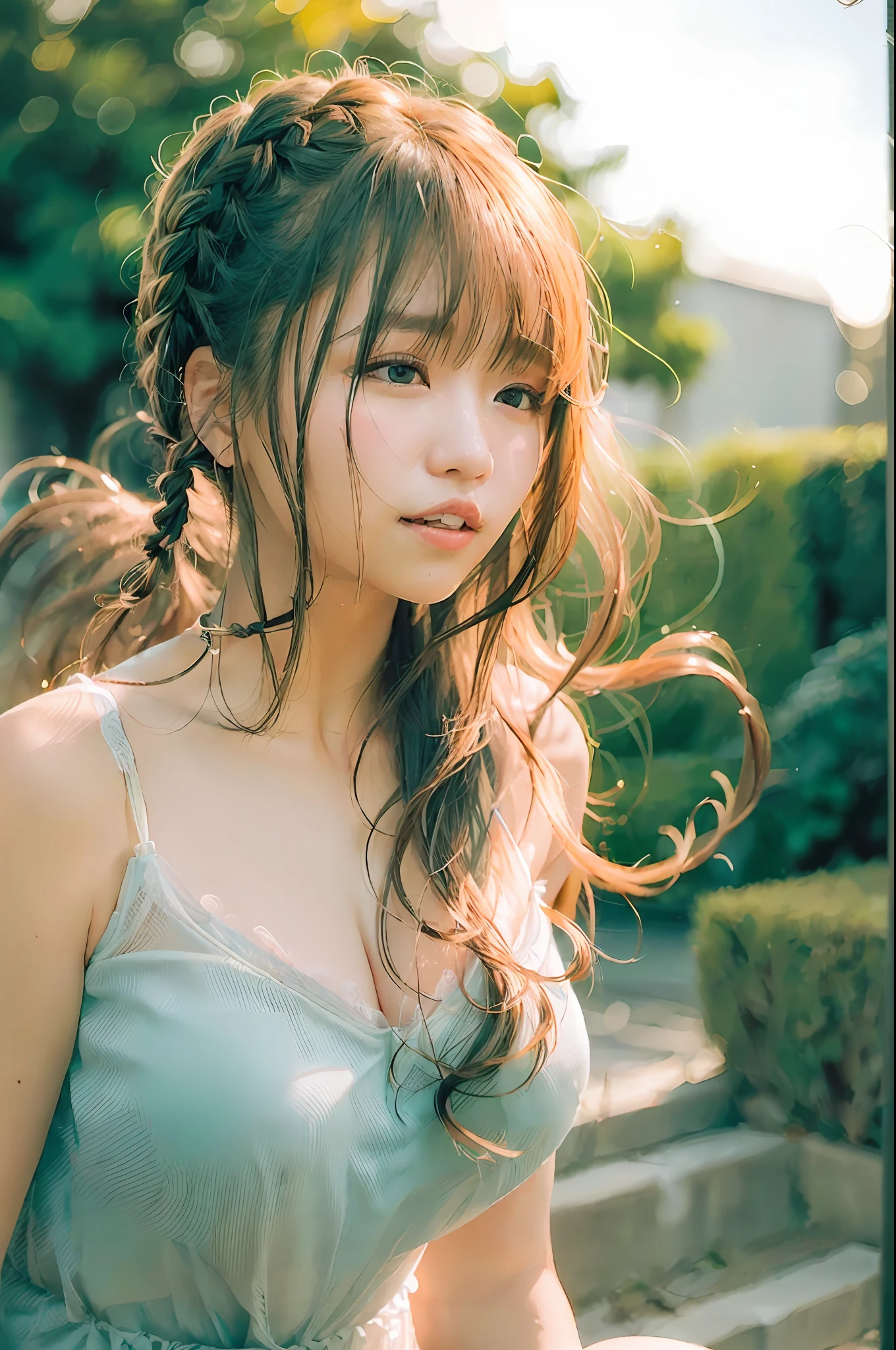 Masterpiece, top quality, 1 girl, (Skindentation), (Huge breasts), (Day), Bright, Blurred background, Outdoors, (Street:0.6), (People, Crowd:1), (Braided bangs, Wavy hair:1.5), (See-through shirt: 1.8), (Camisole:1.8),Gorgeous, (Floating hair:1.2), (Dynamic poses: 1.8), Soft lighting, Wind, Garden