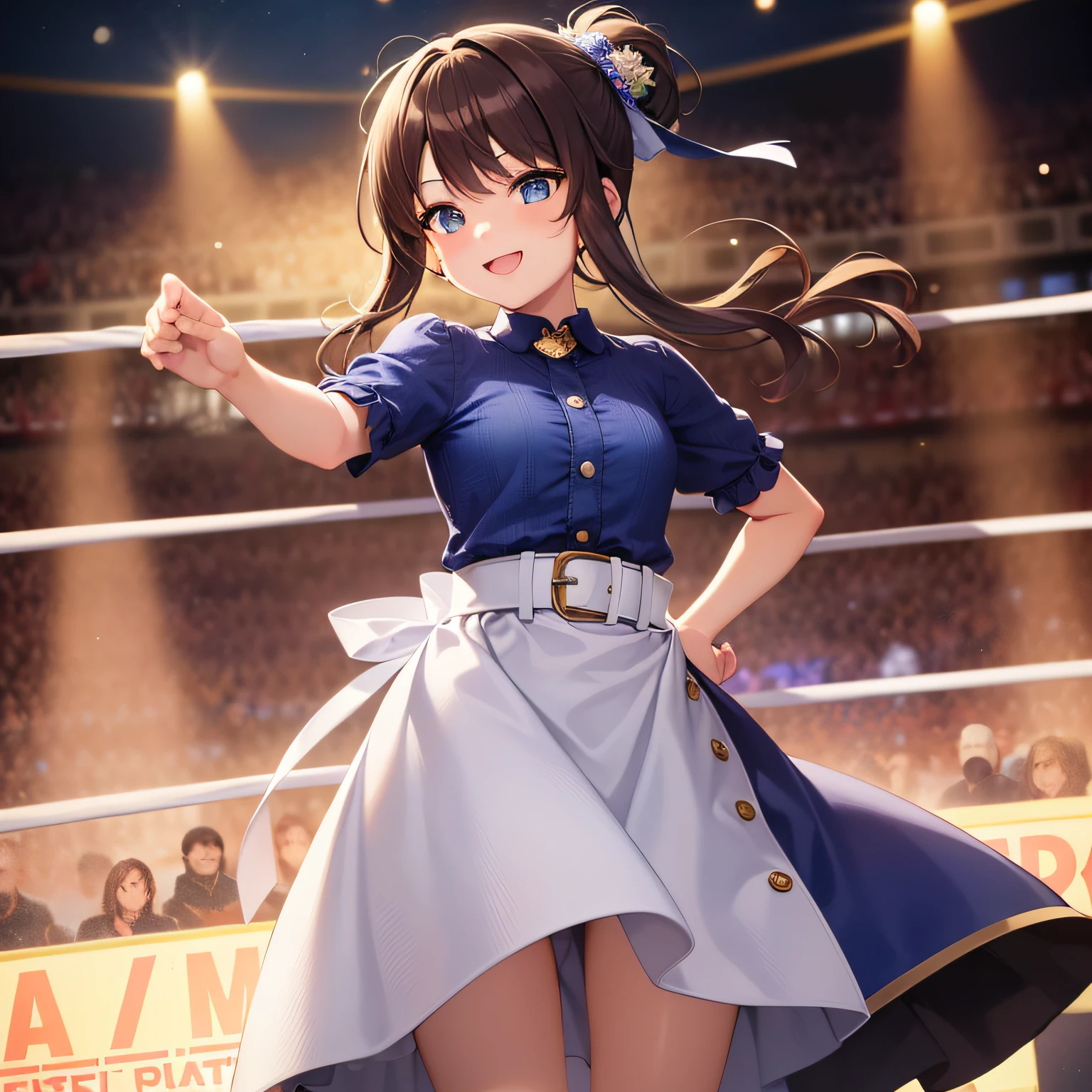 The Highest Quality、Extremely Delicate Beautiful、(Young Girl)、、(dark brown hair)、Blue clothes with vertical but、Belt at waist、white  skirt、(ponytails))、(White Hairband)、(Brown boots)、blue eye、standing a、smilling face、professional wrestling、Audience seats、Large number of spectators、Crowd Circle View、standing a、Fighting、smilling face、winning close