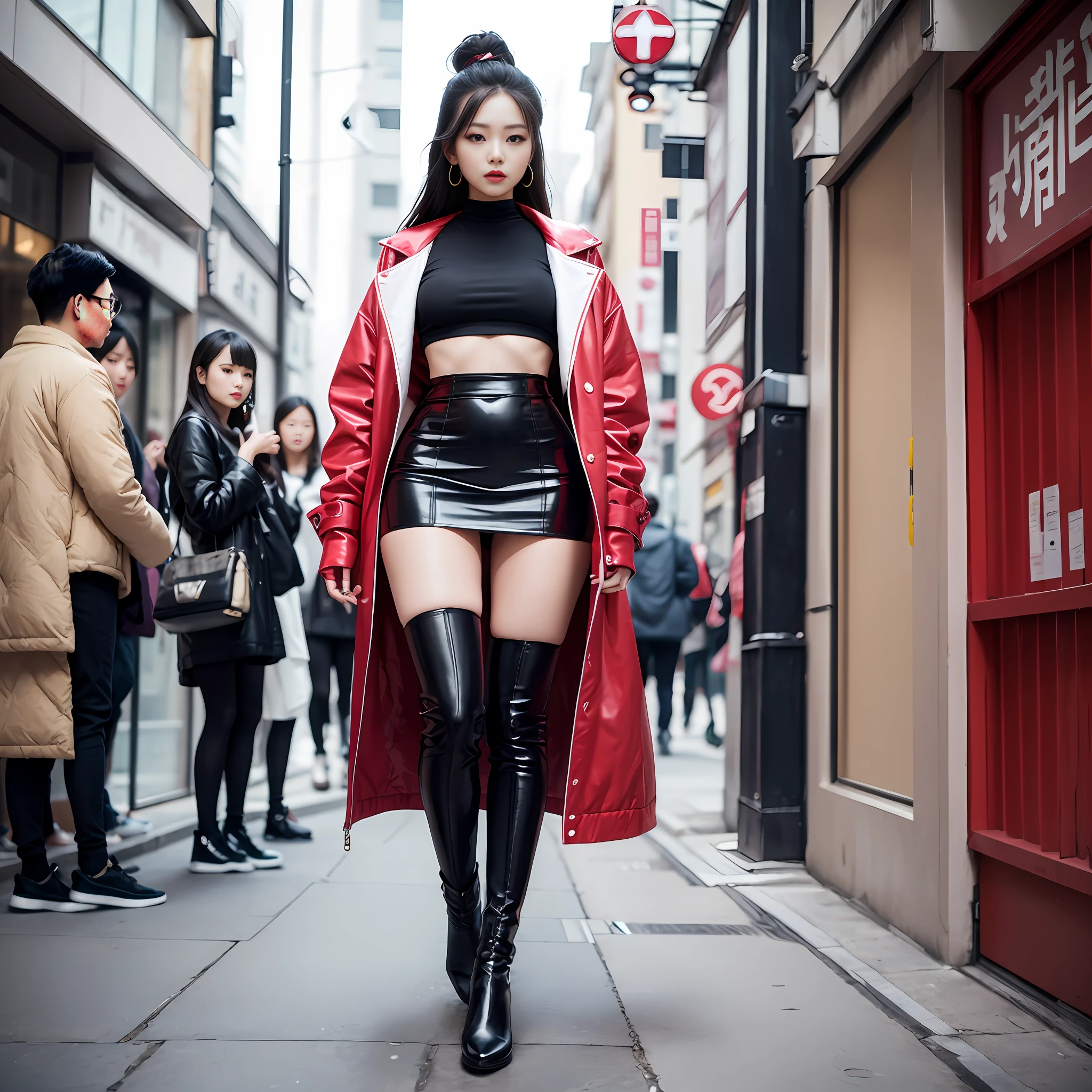 A woman in a white top and black boots standing on the street, Chinese female fashion model, white fluffy clothes, short skirt and long jacket, Japanese city street fashion, black pink Rosan Park, she wears streetwear, Japanese street fashion, Tokyo fashion, street dress woman in jacket and skirt, street fashion, Harajuku street fashion, beautiful woman walking in the wind, black gloves, over-the-knee red boots, tall, long legs, perfect body proportions, thin waist, black suspender stockings, tall, Slender body, nine-headed body, big eyes, beautiful and exquisite face, perfect body details, perfect body proportions, perfect visual proportions, fashion shooting, glamorous, feminine, delicate, highlighting female curves, subtext: sexy, confident. Chinese woman --auto --s2