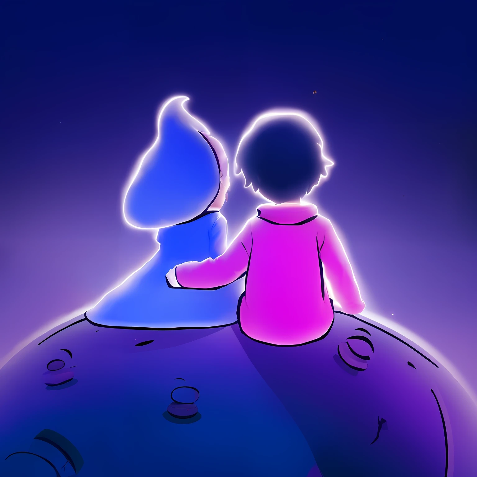 There is a man and a woman sitting on a planet, sitting on the moon, John Egbert, 2D illustration, 2D rendering, 2D illustration, on the moon, calm night. Digital illustration, blurry and dreamy illustration, Loish and Goro Fujita