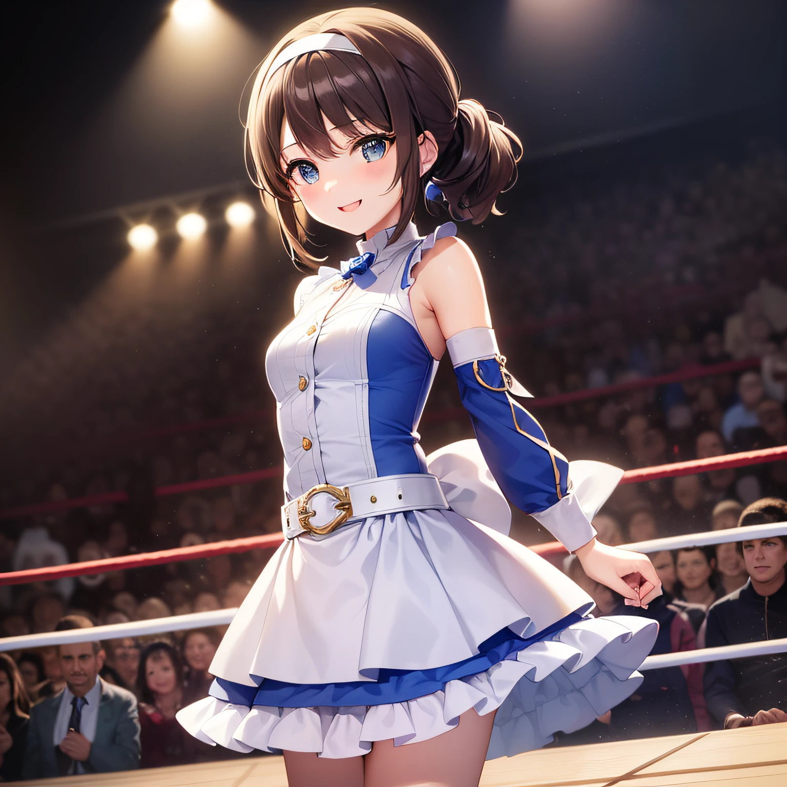 beste Qualität、Extremely delicate and beautiful、(Young Girl)、11歳、(dark brown hair)、Blue clothes with vertical buttons、Belt at waist、white skirt、(ponytails))、(white hairband)、(Brown boots)、blue eye、standing a、Sorrisos、professional wrestling、Audience seats、Large number of spectators、Crowd Circle View、standing a、Fighting、Sorrisos、winning close