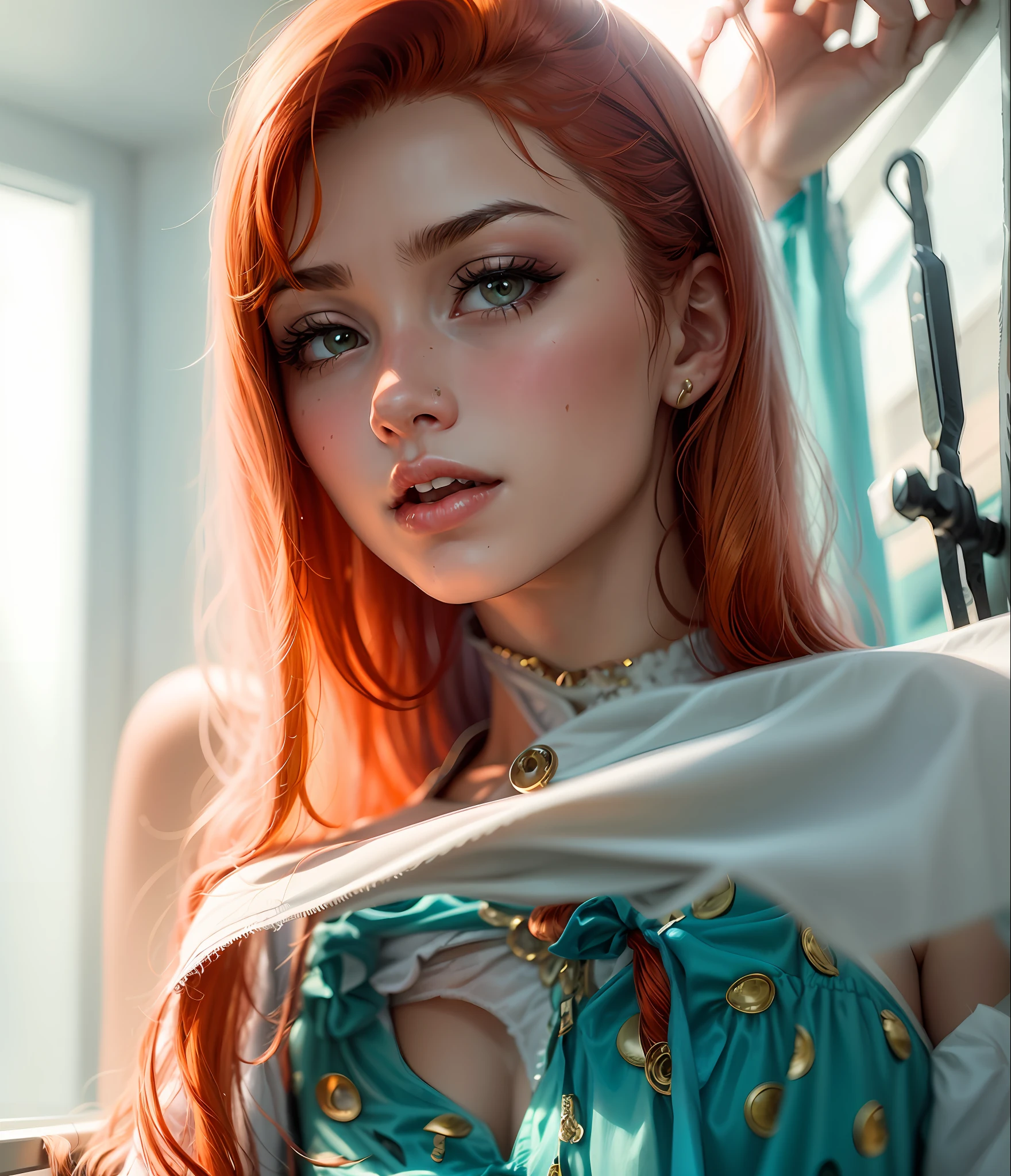 A closeup of a woman with long hair wearing a blue dress,cute young girl,19 year old girl,18 years old, good young girl, she has a beautiful face,redhead,orange hair