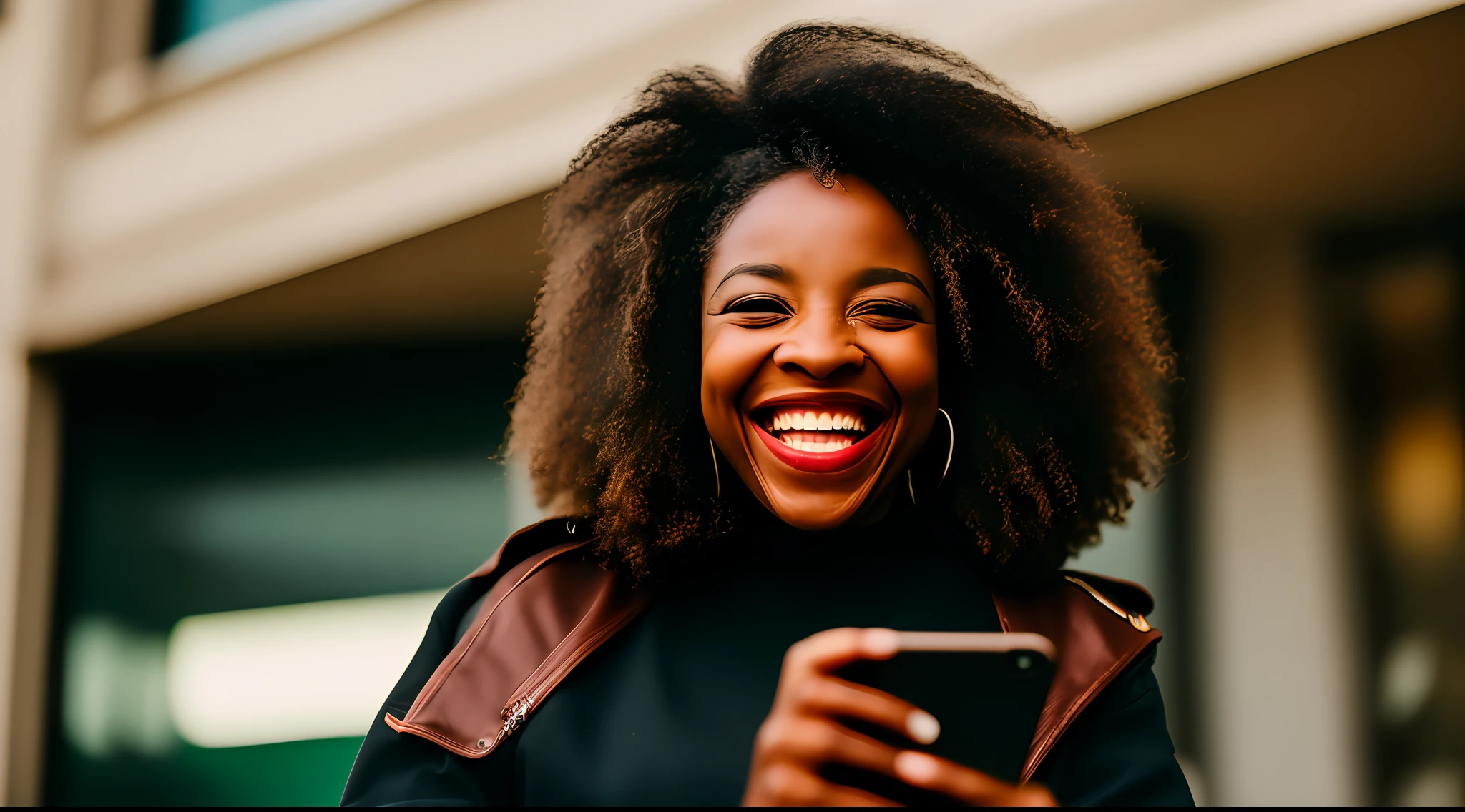 ((closeup)) POV (bodycam footage) of (((1 a woman))) black woman letting out giggles looking at the phone