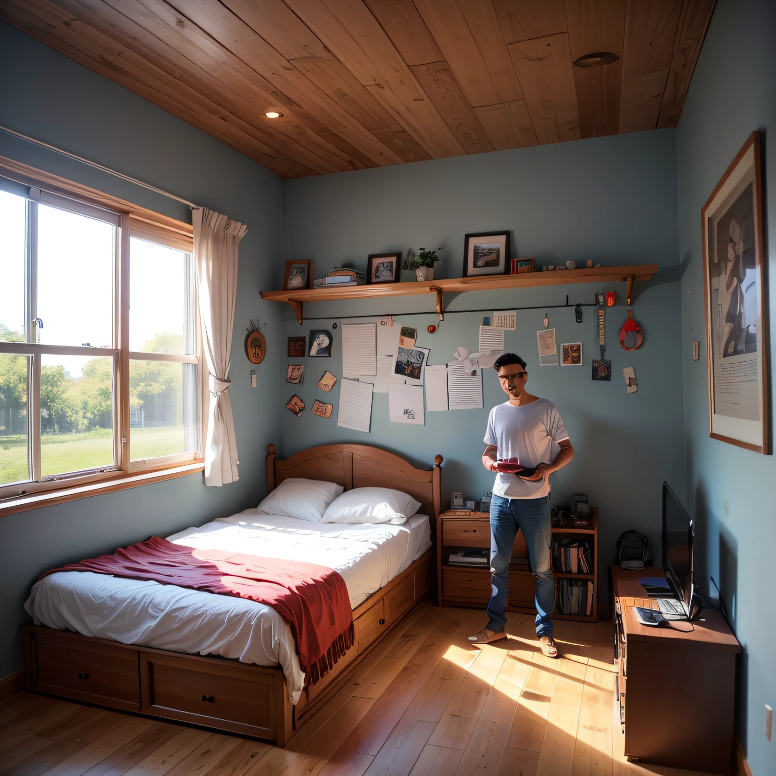 A DIY enthusiast in his room with his own work on the planks on the wall --auto