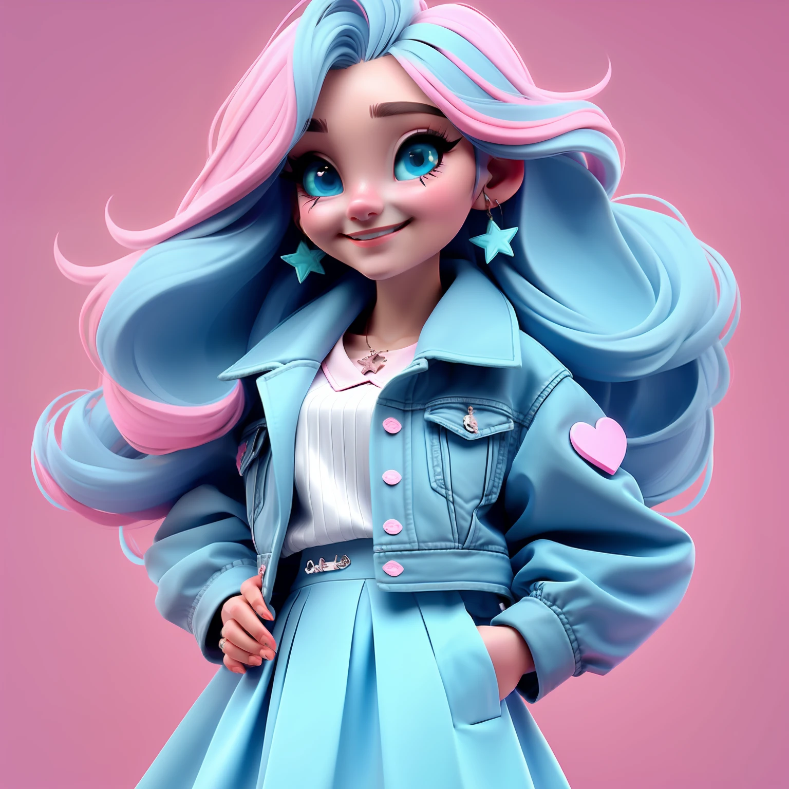 1girl, long hair, blue eyes, earrings, jewelry, solo, skirt, looking at viewer, PINK hair, smile, very long hair,star hair ornament, jacket, lips, simple background