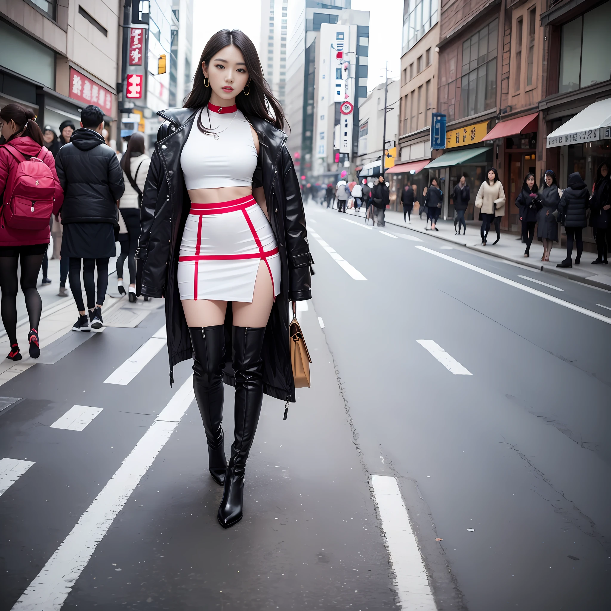 A woman in a white top and black boots standing on the street, Chinese female fashion model, white fluffy clothes, short skirt and long jacket, Japanese city street fashion, black pink Rosan Park, she wears streetwear, Japanese street fashion, Tokyo fashion, street dress woman in jacket and skirt, street fashion, Harajuku street fashion, beautiful woman walking in the wind, black gloves, over-the-knee red boots, tall, long legs, perfect body proportions, thin waist, black suspender stockings, tall, Slender body, nine-headed body, big eyes, beautiful and exquisite face, perfect body details, perfect body proportions, perfect visual proportions, fashion shooting, glamorous, feminine, delicate, highlighting female curves, subtext: sexy, confident. Chinese woman --auto --s2