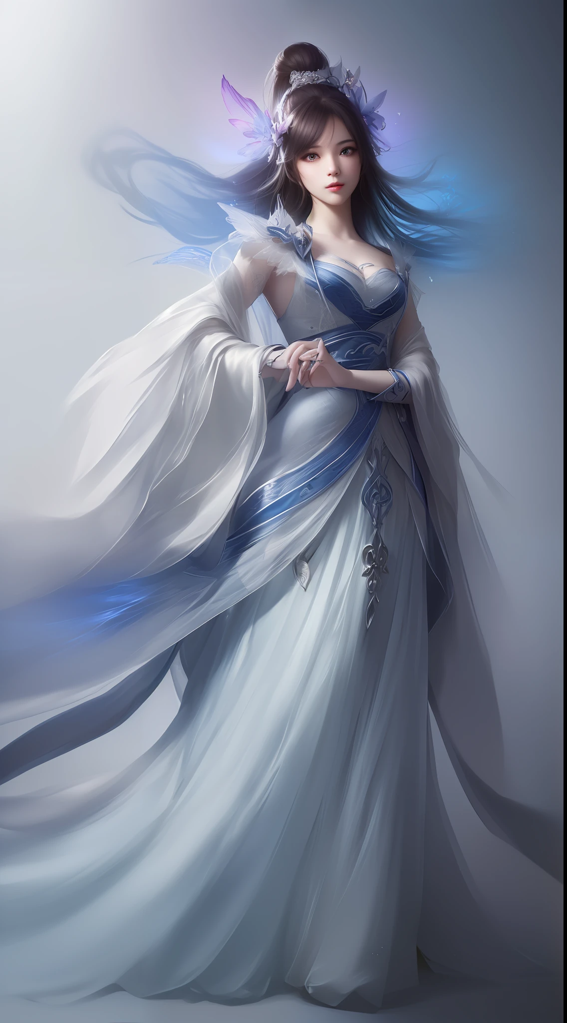 (8k, RAW Photos: 1.2), Best Quality, Illustration, Beautiful Painting, 1 Woman, Beautiful Face, Delicate Skin, Gorgeous Bun, Hair Accessories, Hanfu, Full Body, High Detail, Accent, Color Ink Painting, Splash Color, ((((colorful))), lycoris, sketch, denoising, ink splash, dramatic, cinematic, particle effects, fairy style, white background, super high resolution, best shadow, RAW, (HDR) (wallpaper) (cinematic lighting) (sharp focus), masterpiece, (Very detailed CG unified 8k wallpaper)