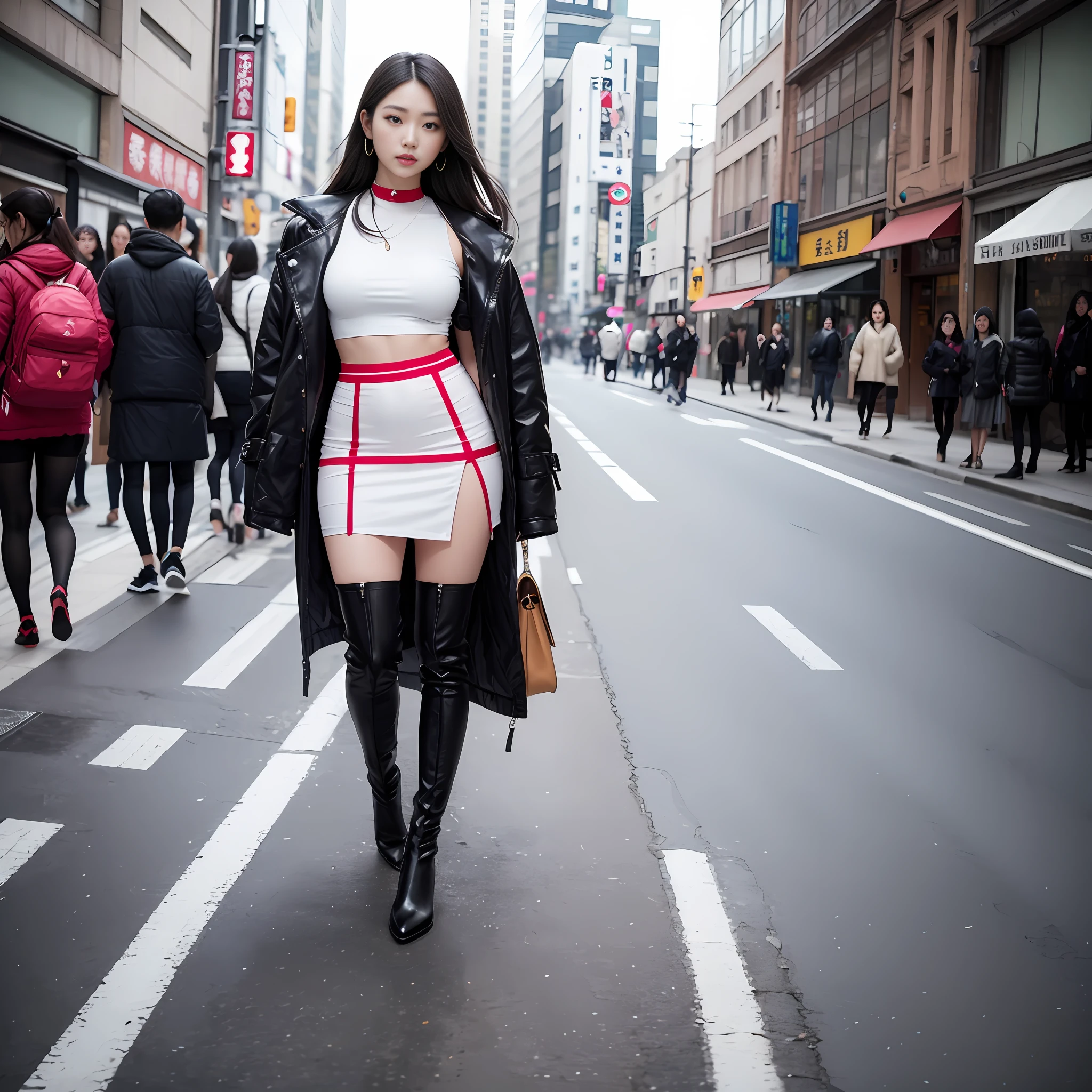 A woman in a white top and black boots standing on the street, Chinese female fashion model, white fluffy clothes, short skirt and long jacket, Japanese city street fashion, black pink Rosan Park, she wears streetwear, Japanese street fashion, Tokyo fashion, street dress woman in jacket and skirt, street fashion, Harajuku street fashion, beautiful woman walking in the wind, black gloves, over-the-knee red boots, tall, long legs, perfect body proportions, thin waist, black suspender stockings, tall, Slender body, nine-headed body, big eyes, beautiful and exquisite face, perfect body details, perfect body proportions, perfect visual proportions, fashion shooting, glamorous, feminine, delicate, highlighting female curves, subtext: sexy, confident. Chinese woman --auto --s2