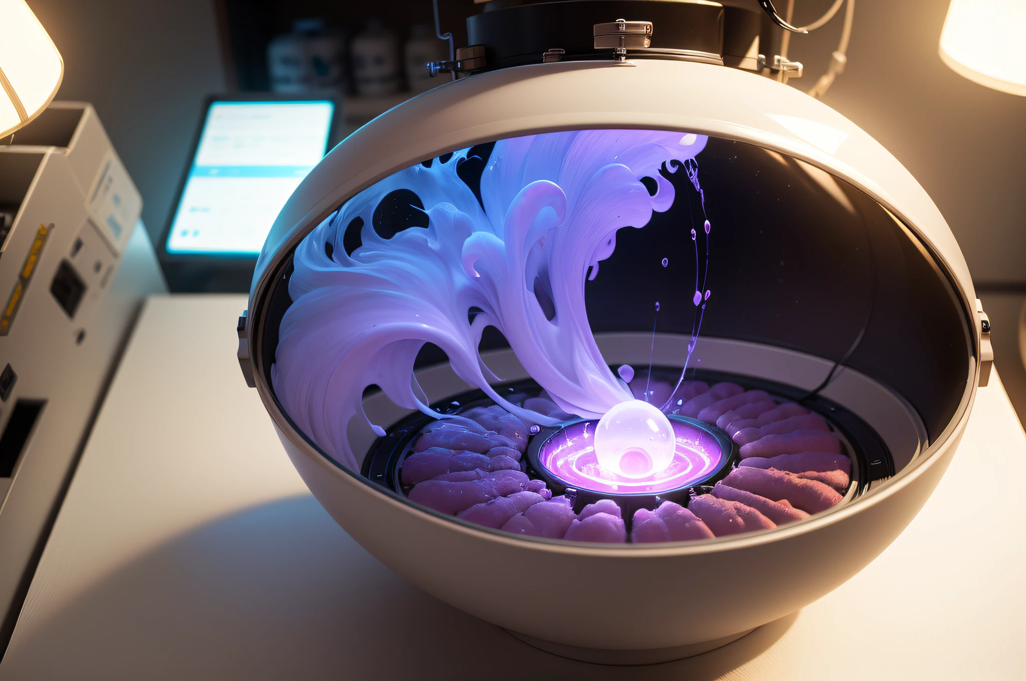 ((photo)), ((best quality)), ((masterpiece)), ((detailed)), a science laboratory with medical equipment and bright white medical lighting, looking down into a round embryo storage freezer with hundreds of glowing neon purple vials covered in liquid nitrogen vapor or mist.