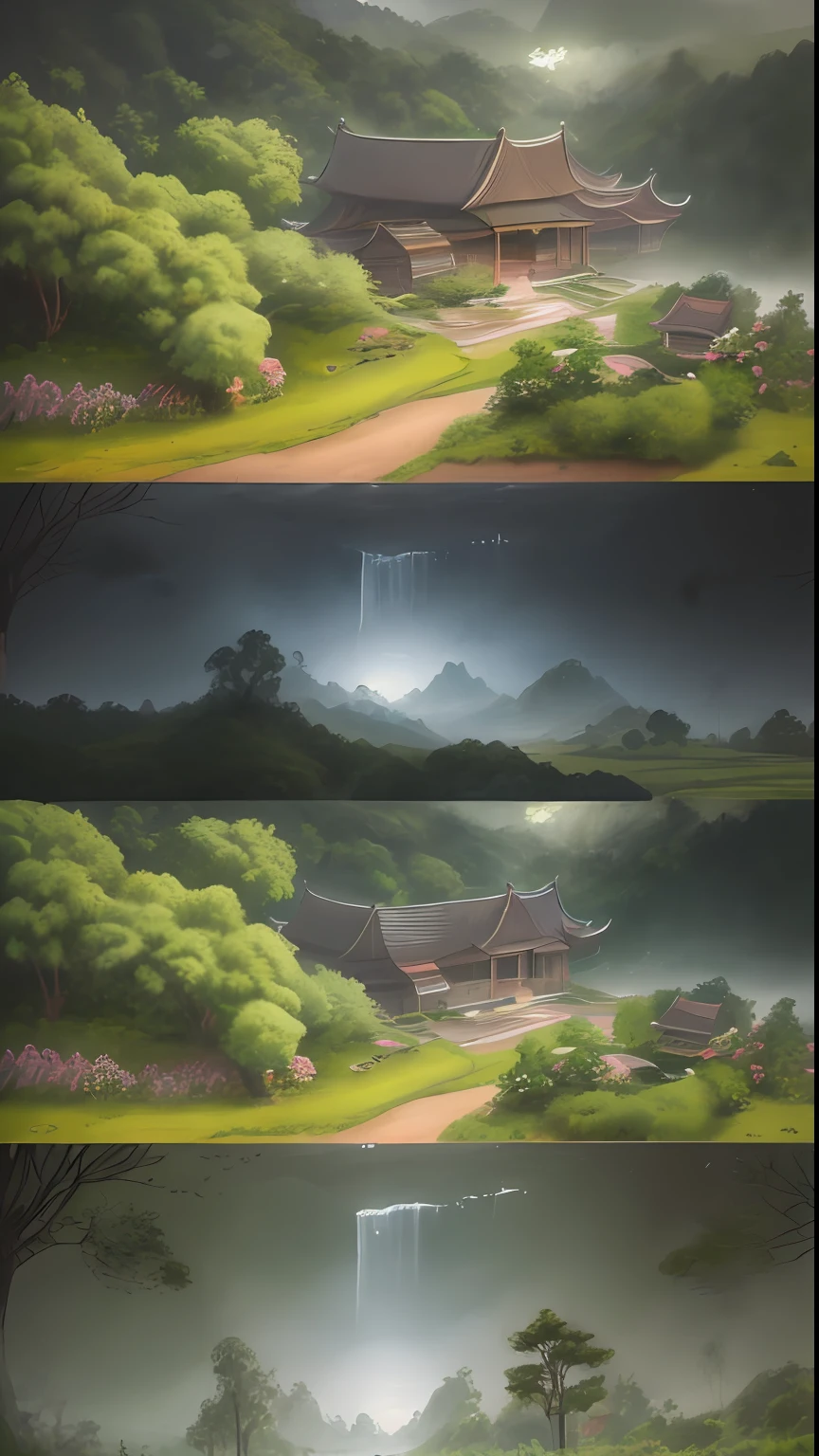 Realistic, real, beautiful and amazing landscape oil painting Ghibli Studio Hayao Miyazaki's ancient Chinese city after rain in the early morning, the delicate rain washes away the dust, and the weeping willows around the guest house are full of greenery. This depiction presents a fresh and tranquil idyllic landscape. --v6