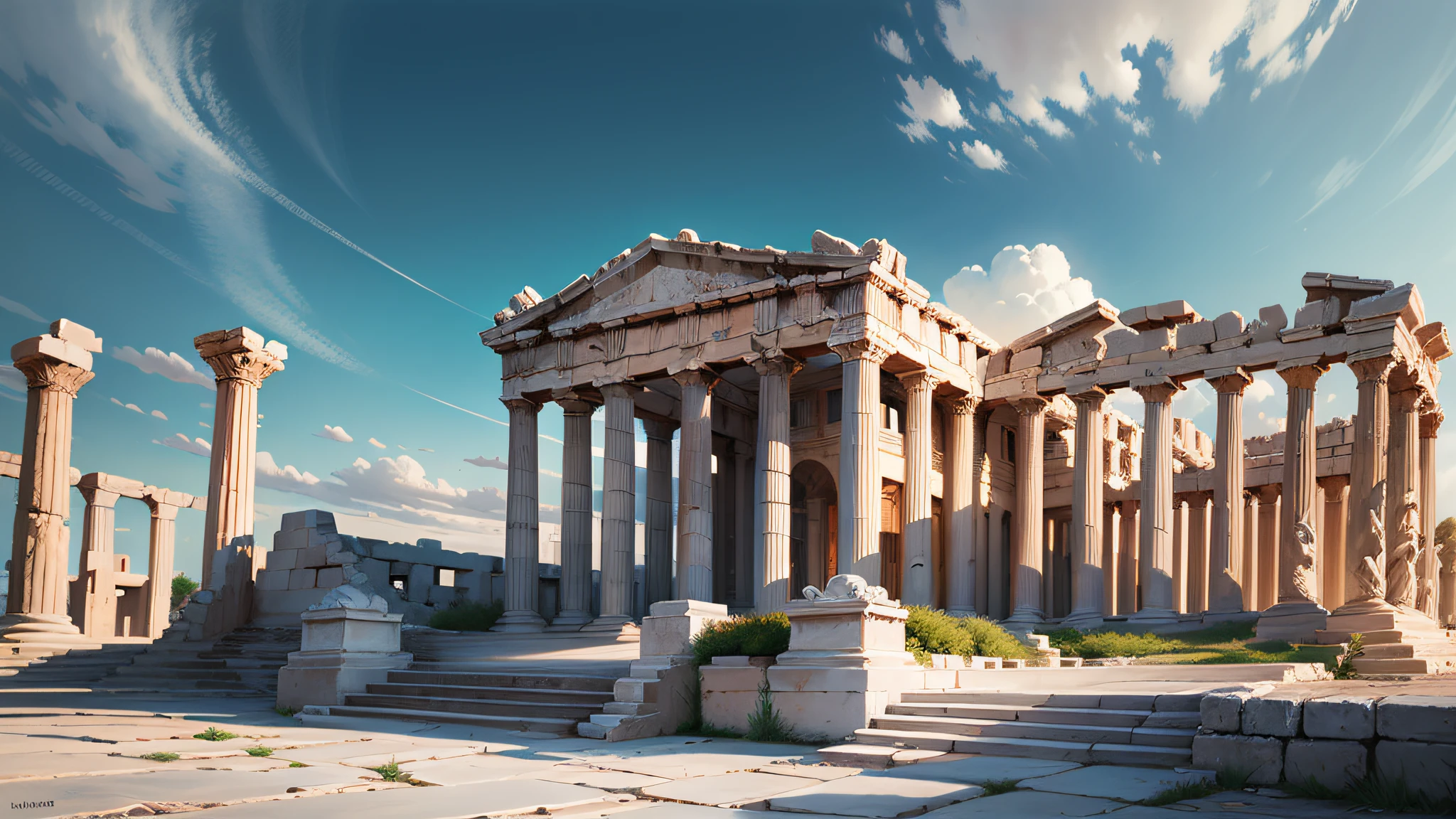 "Masterpiece, Greek city, hyper-detailed realism, top quality, three majestic classical Greek buildings, clear sky, radiant daylight, amazing details, harmonious colors, brilliant execution."
