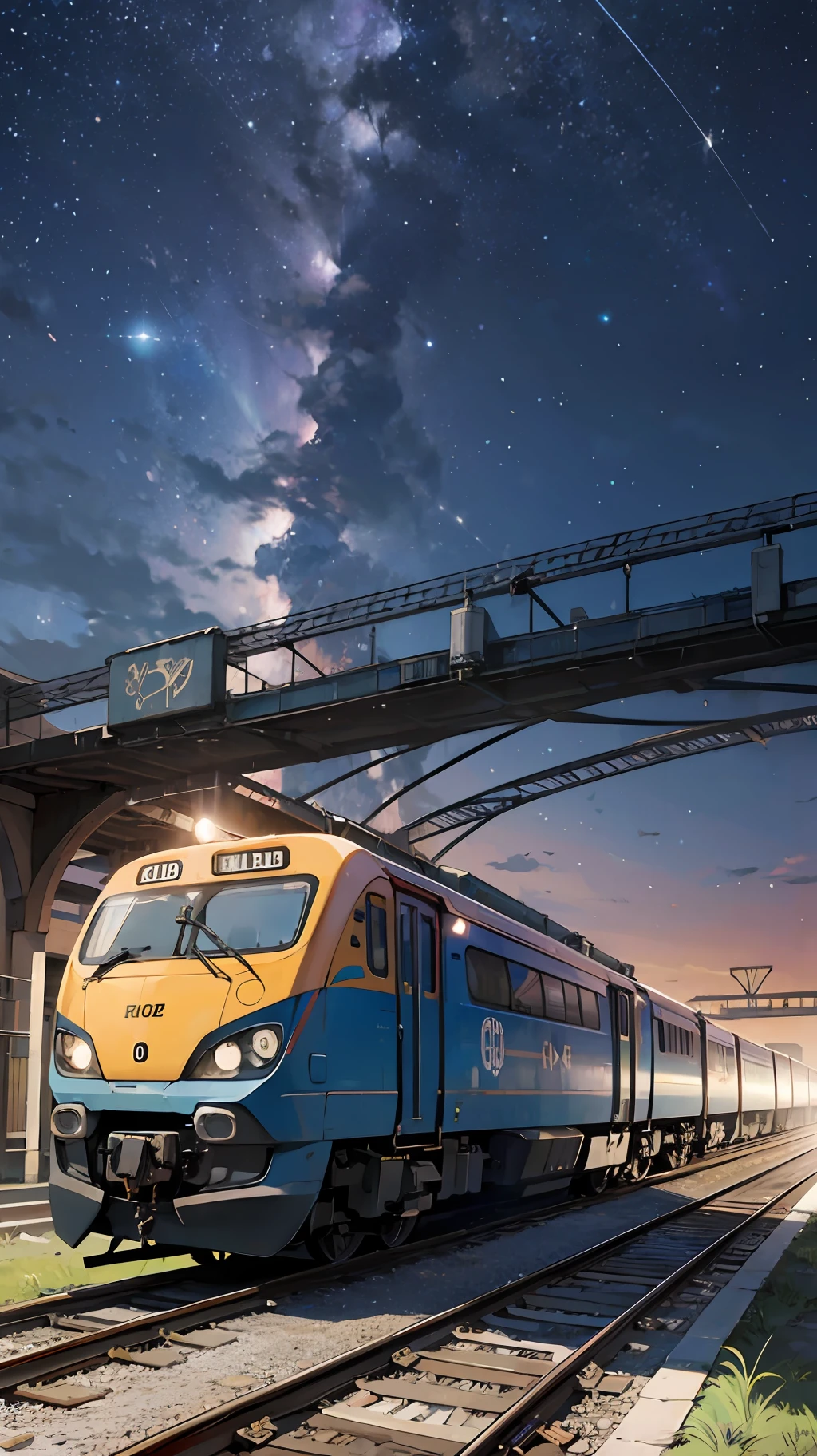 Front of a train coming towards camera, starry sky, narrow bridge, extremely detailed train front, extremely detailed sky