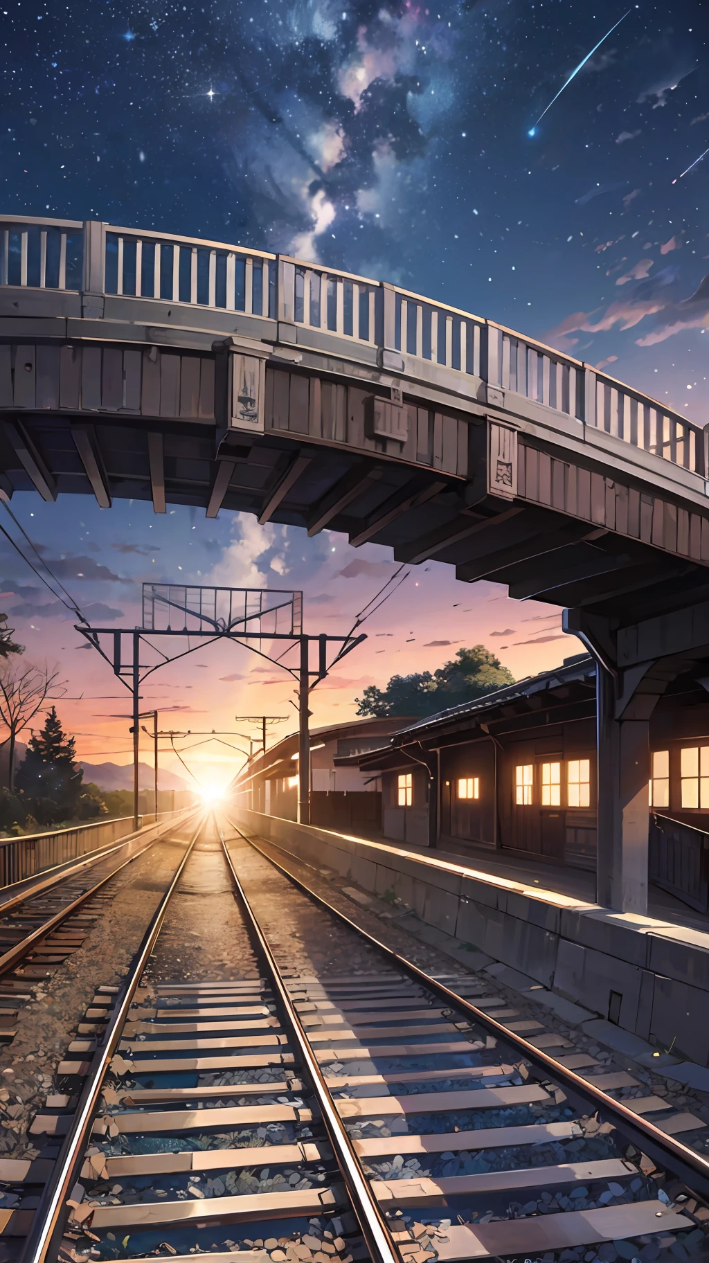 Front of a train coming towards camera, starry sky, narrow bridge, extremely detailed train front, extremely detailed sky