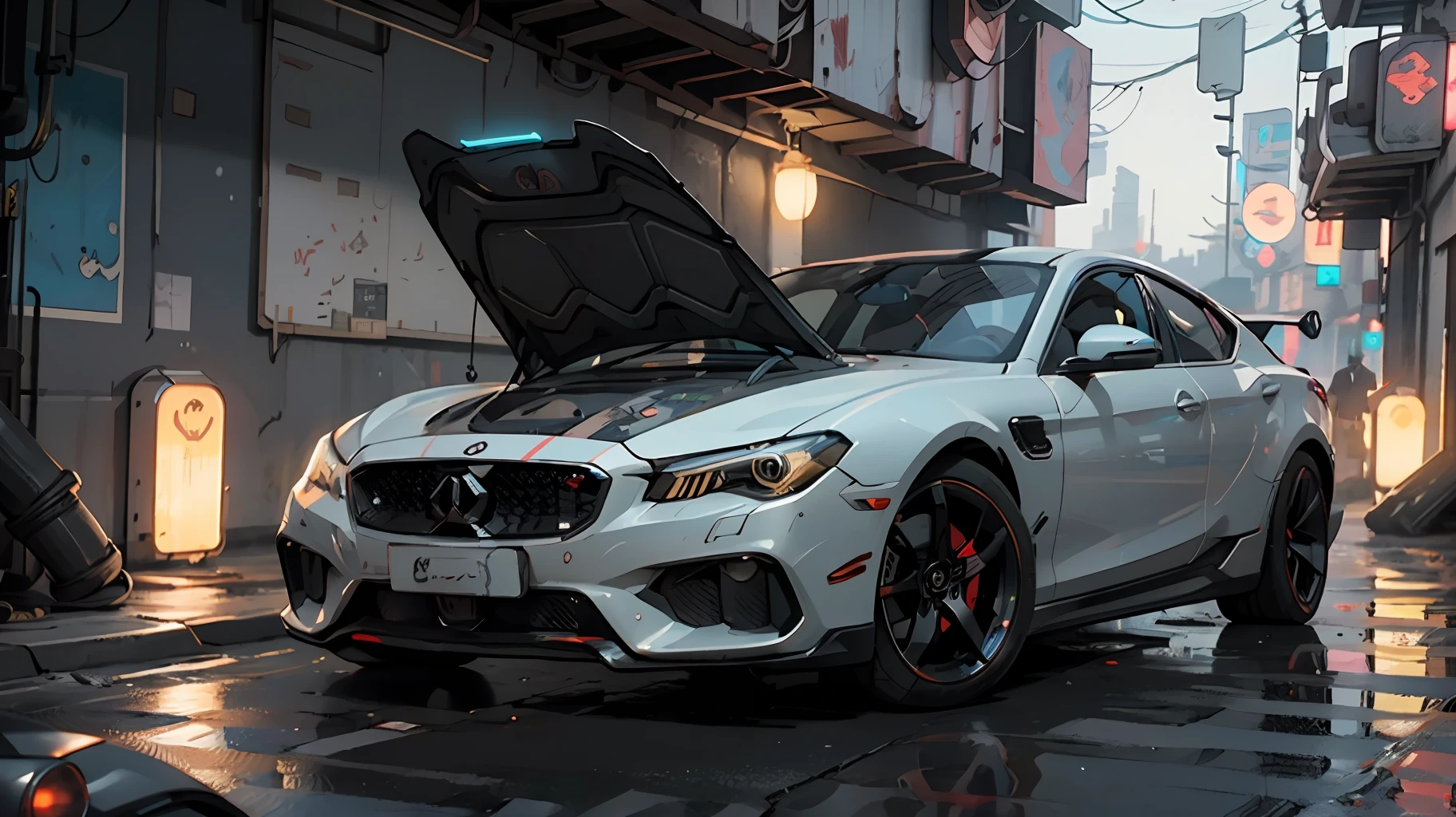 Cinematic landscape, ((Best quality)), ((masterpiece)), (highly detailed:1.3), 3D, beautiful (cyberpunk:1.3) hacker woman with straight blonde hair, short side cut hair, in a garage with futuristic cars, nsfw, tattoo, night