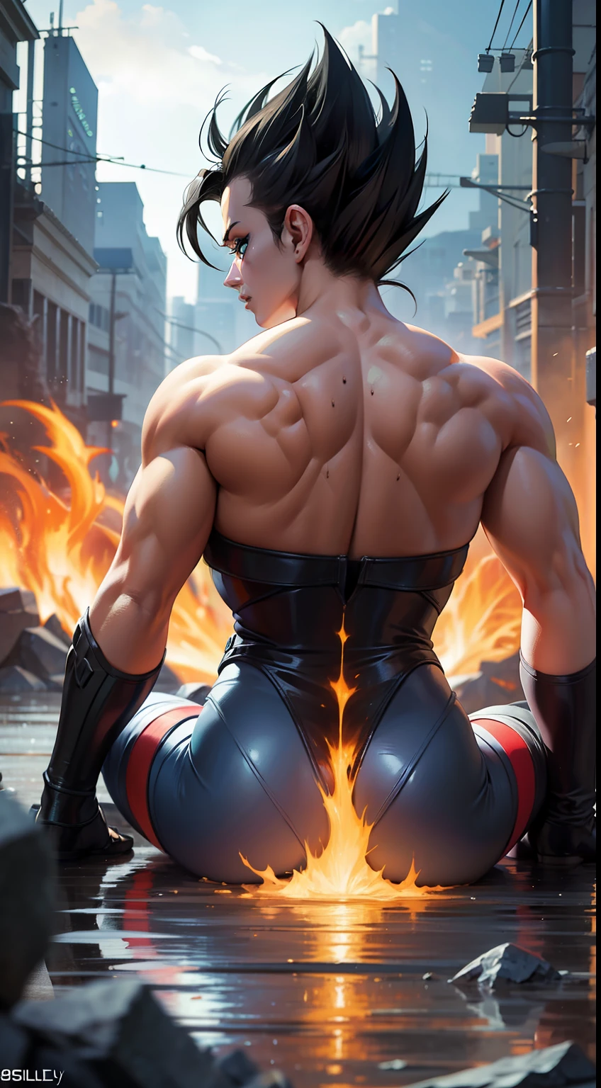 unparalleled masterpiece,ultra realistic 8k CG,perfect artwork, shot from behind of a Unpredictable Vegeta, Swirling Large Head, Shōwa Era Gloves, [lava pit|vegetation], Movie still, Feralcore,  F/14, (art by Bob Byerley:1.1)