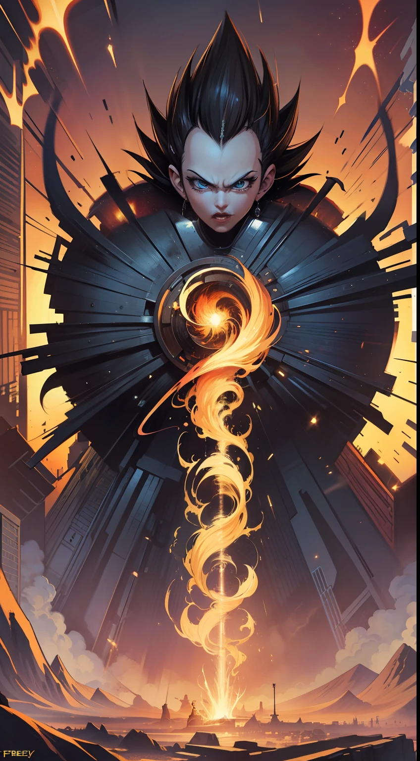 unparalleled masterpiece,ultra realistic 8k CG,perfect artwork, shot from behind of a Unpredictable Vegeta, Swirling Large Head, Shōwa Era Gloves, [lava pit|vegetation], Movie still, Feralcore,  F/14, (art by Bob Byerley:1.1)