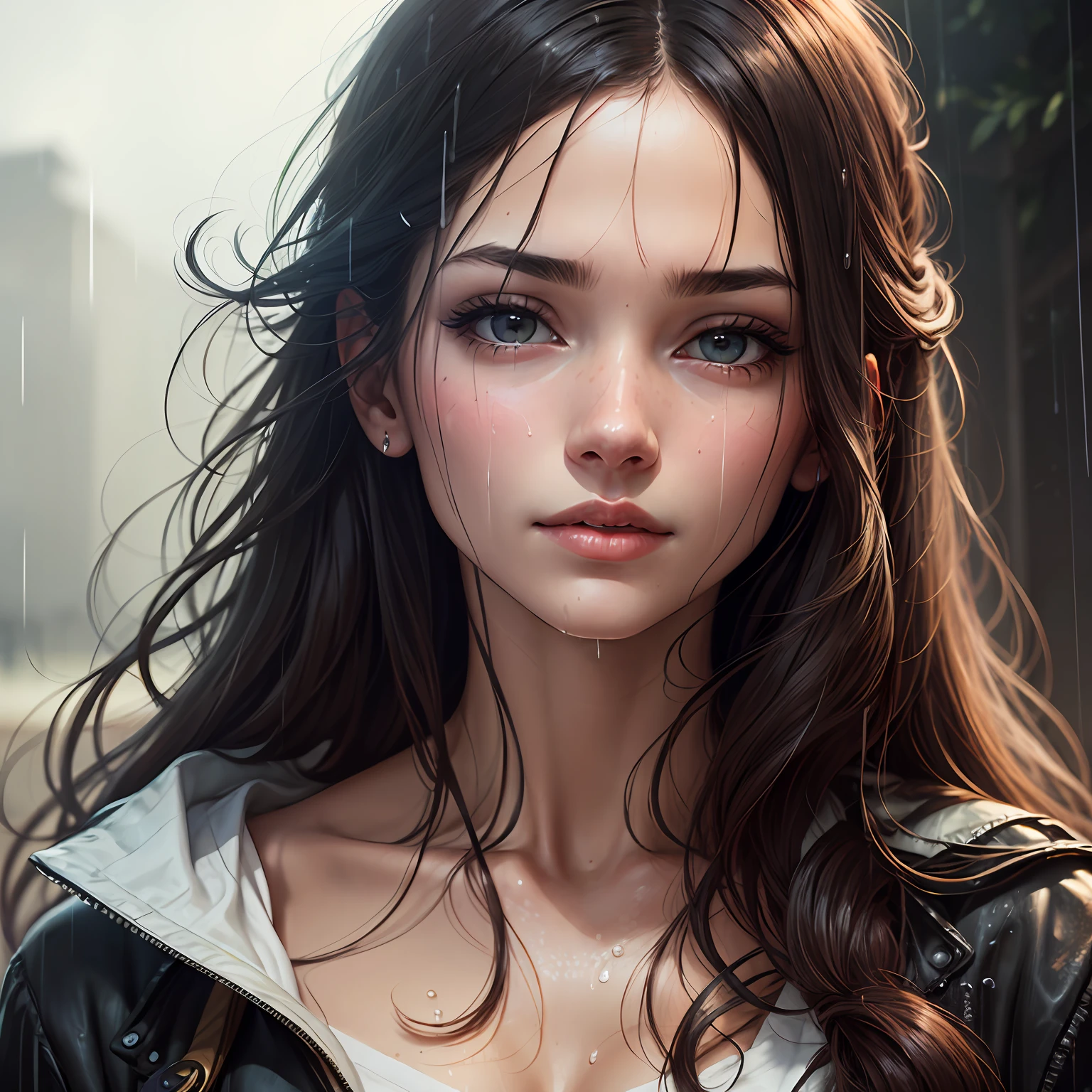 Very beautiful woman, detailed face, in the rain, wet hair