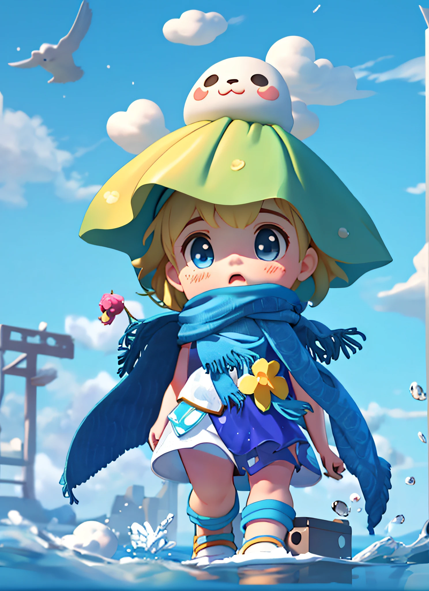 anime - style image of a girl in a hat and scarf standing in the water, splash art anime loli, render of a cute 3d anime girl, cute detailed digital art, stylized anime, loli, adorable digital painting, cute character, small loli girl, cute digital art, anime style. 8k, anime styled 3d