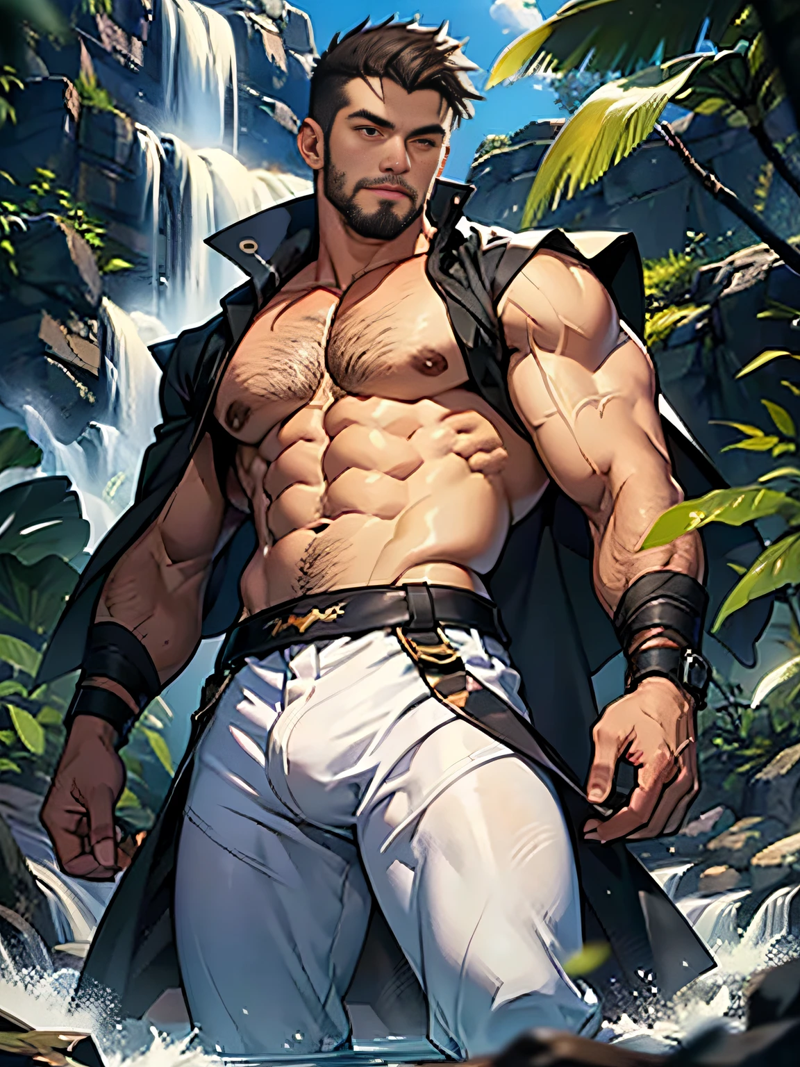 best quality, masterpiece, super high resolution, detailed background, illustrations, single, 1 boy, muscle, volumetric lighting, depth of field, facial hair, white clothes, black band, light particles, bulge, lying, short hair, burly, legs apart, waterfall