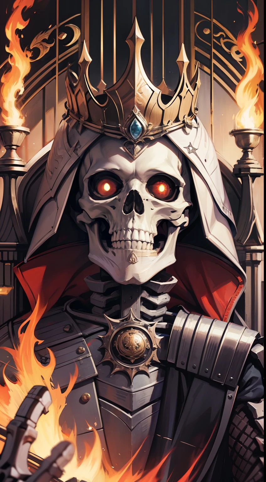 BoneyardAI,skeleton,Fire control, armor,throne, crown,, masterpiece,Photo,best quality,