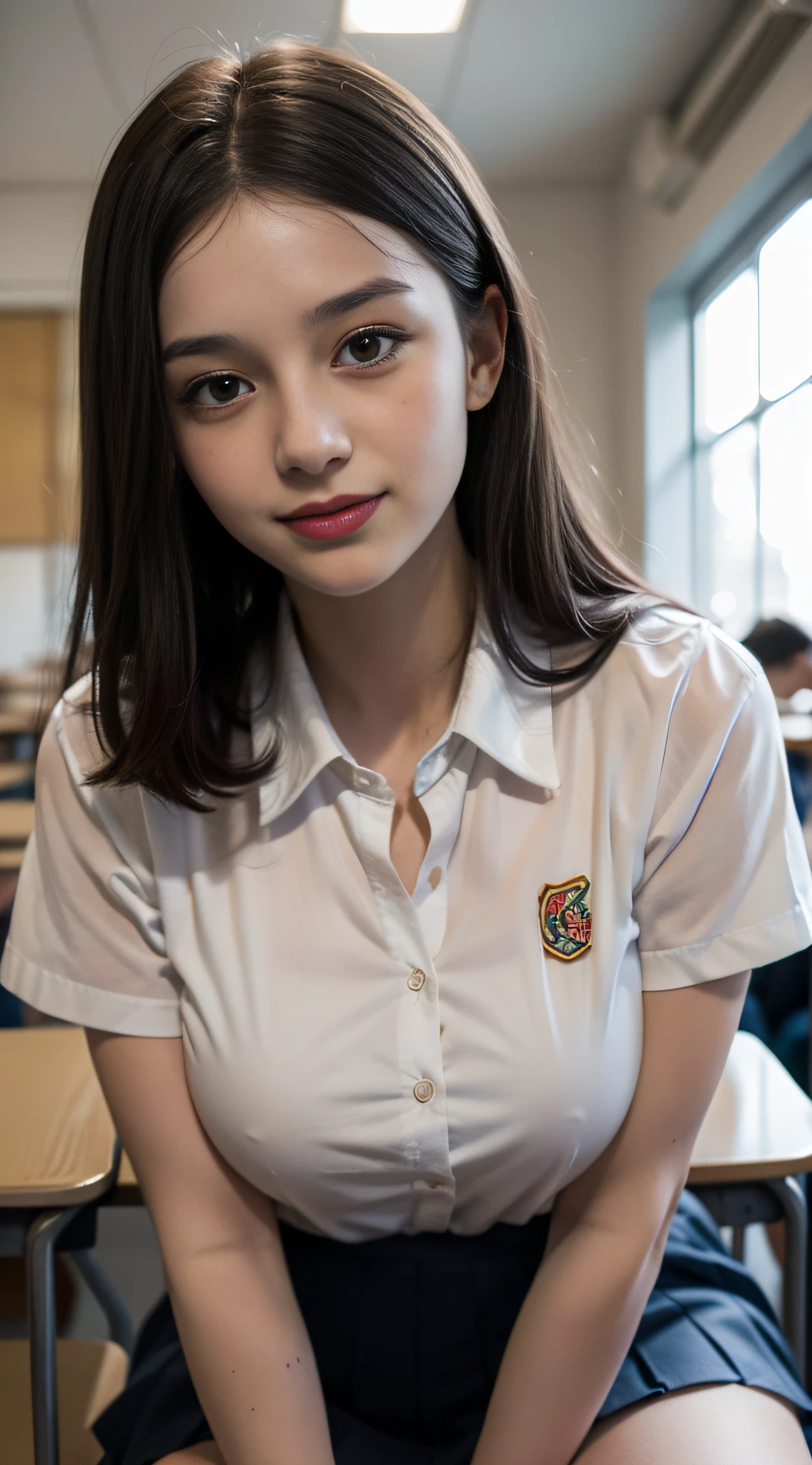 (dasha taran),upper half of body,Big eyes,small face,school uniform,in the dark,thick body:1.8,huge breasts:1.6,Loose and fluffy curls,lustrous skin,smile,summer school,school classroom,after school,next seat