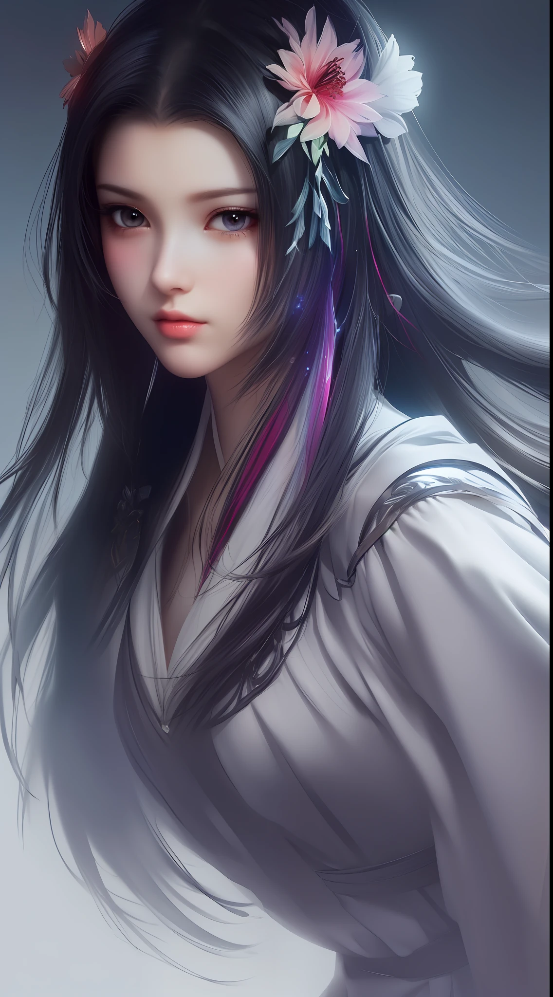 (8k, RAW Photos: 1.2), Best Quality, Illustration, Beautiful Painting, 1 Woman, Beautiful Face, Delicate Skin, Gorgeous Bun, Hair Accessories, Hanfu, Full Body, High Detail, Accent, Color Ink Painting, Splash Color, ((((colorful))), lycoris, sketch, denoising, ink splash, dramatic, cinematic, particle effects, fairy style, white background, super high resolution, best shadow, RAW, (HDR) (wallpaper) (cinematic lighting) (sharp focus), masterpiece, (Very detailed CG unified 8k wallpaper)