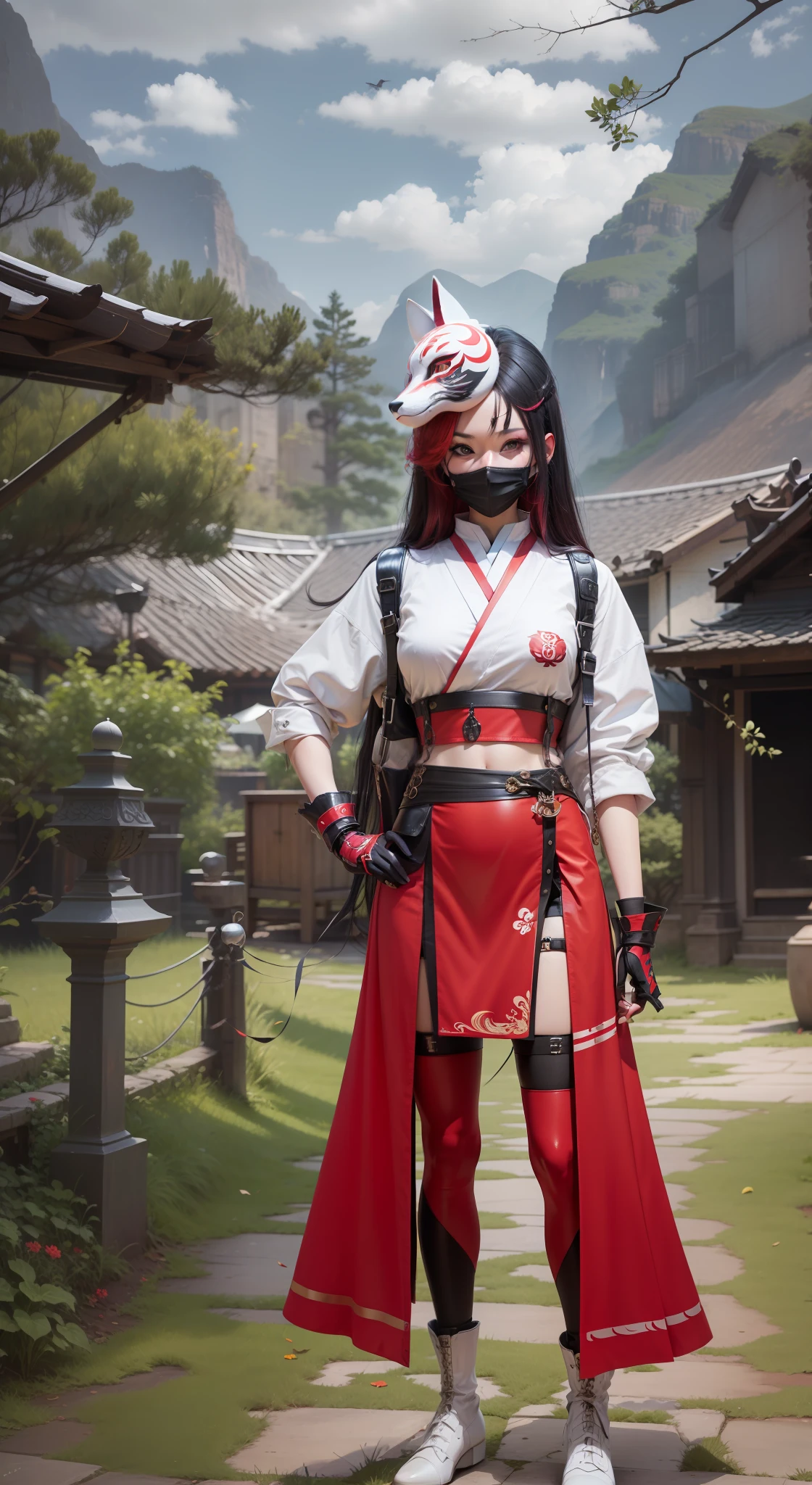 Goth,, girl, Oriental Armor,4k, black hair with red locks, Fox mask on top of head