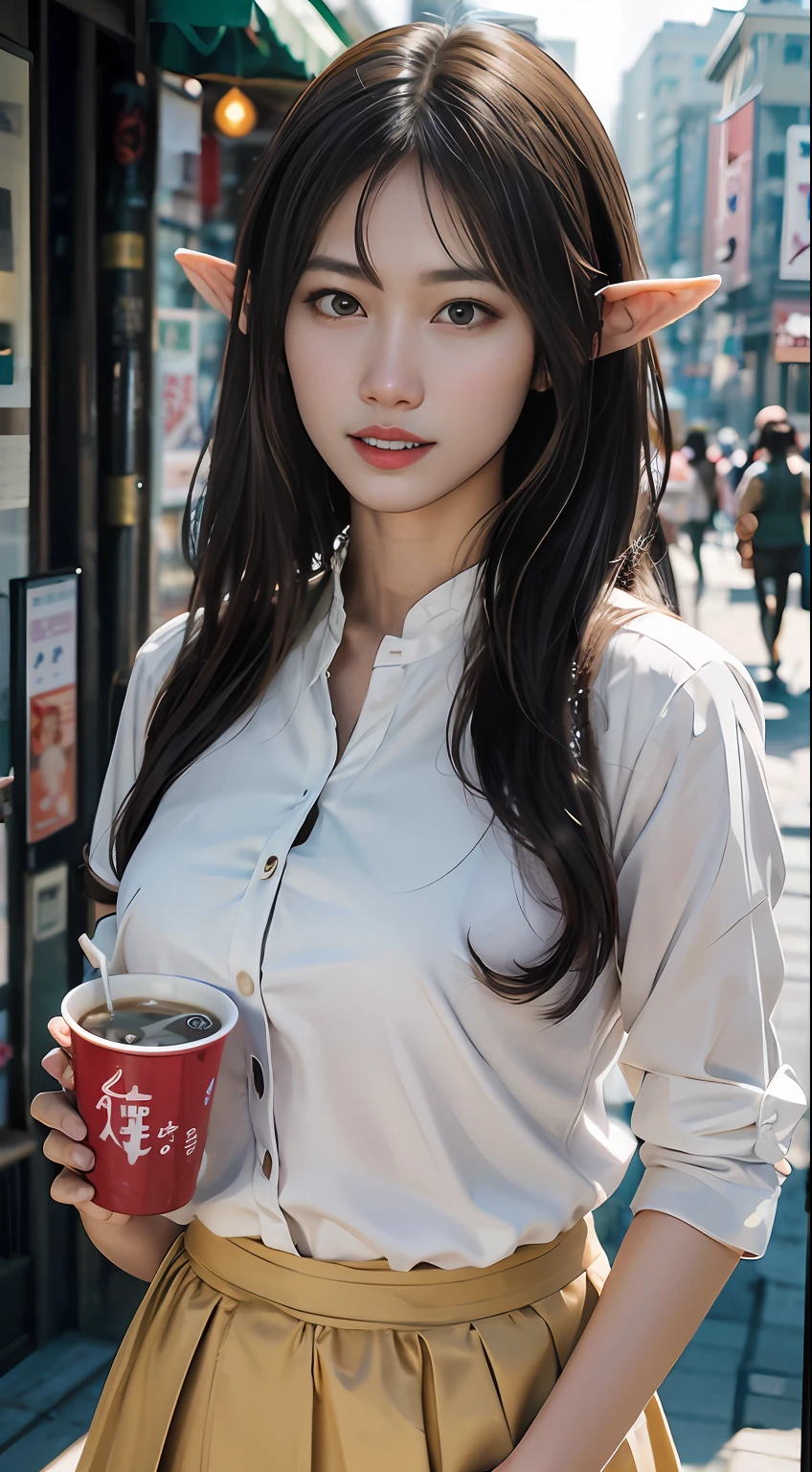 araffe woman in a white shirt and a skirt holding a cup of coffee, beautiful south korean woman, korean girl, gorgeous young korean woman, beautiful young korean woman, korean woman, korean women's fashion model, mysterious coffee shop girl, ulzzang, asian girl with long hair, heonhwa choe, a young asian woman, jaeyeon nam