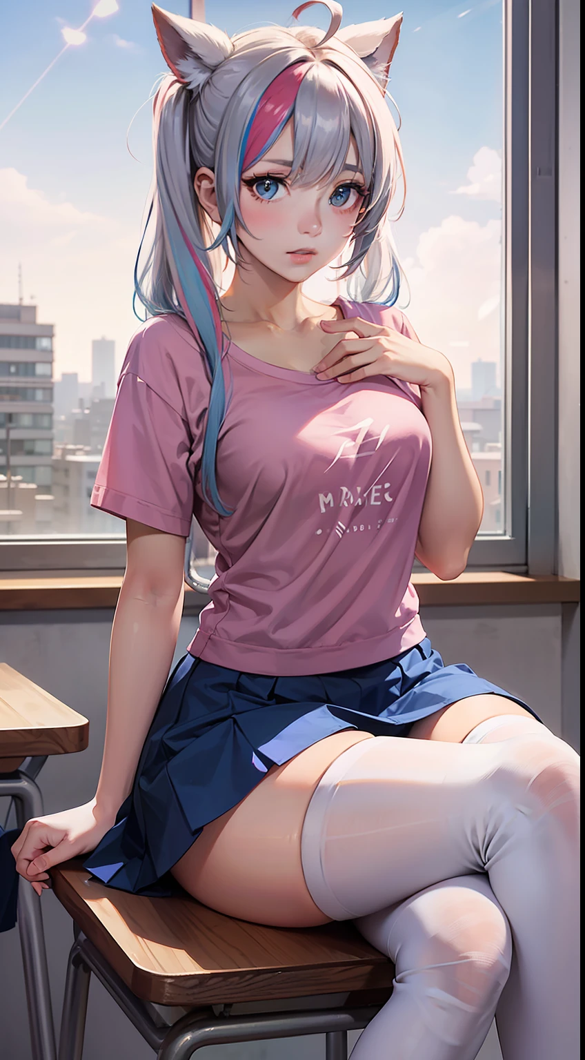masterpiece:1.3,best quality:1.2, realistic:1.3, highly detailed, official art,large masterpiece digital art, detailed manga illustration, finely detailed,HIGH RES,Stunning art,illustration,1 girl, solo,white streaked hair:0.9,red braid twintails hair:1.2,sigh, makeup, (pink t-shirt),( blue skirt), ahoge, white pantyhose, thighhighs, photoshop \(medium\), fingers, sitting on chair,cinematic lighting,depth of field, lens flare,classroom,multiple desks, neat desks, ( window background),