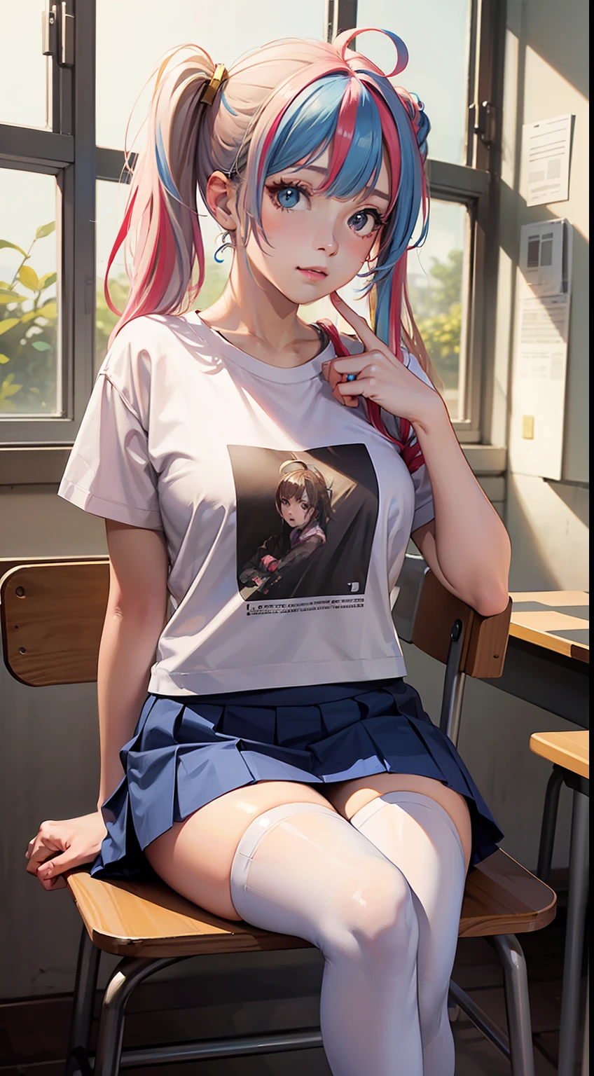 masterpiece:1.3,best quality:1.2, realistic:1.3, highly detailed, official art,large masterpiece digital art, detailed manga illustration, finely detailed,HIGH RES,Stunning art,illustration,1 girl, solo,white streaked hair:0.9,red braid twintails hair:1.2,sigh, makeup, (pink t-shirt),( blue skirt), ahoge, white pantyhose, thighhighs, photoshop \(medium\), fingers, sitting on chair,cinematic lighting,depth of field, lens flare,classroom,multiple desks, neat desks, ( window background),