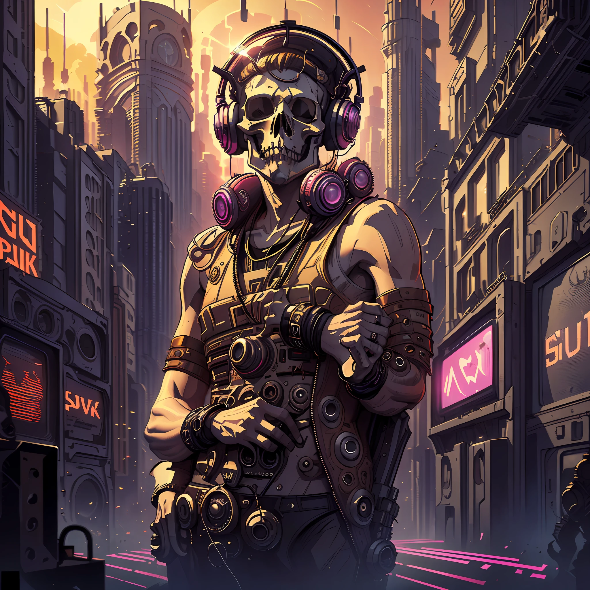 (nvinkpunk:1.2) (SNTHWVE style: 0.8) DJ Skull, Headphones, Antro, Lightwave, Sunset, Complex and Highly Detailed, Fashionable, Art, Fantastic, Seductive, Colorful, Cyberpunk