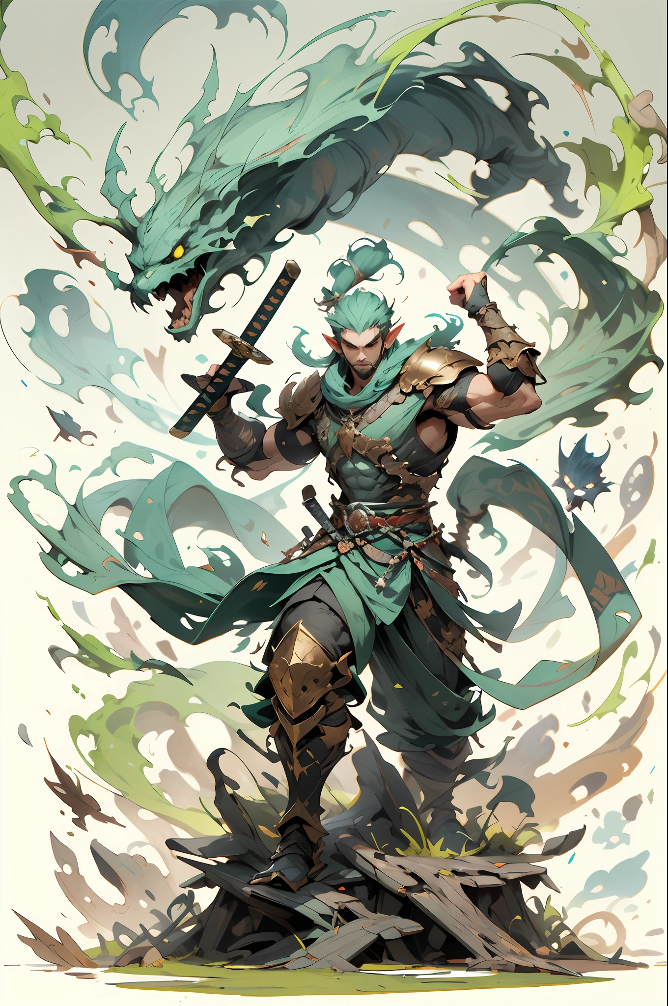 A fierce elf warrior brandishing a sword, standing atop a pile of fallen enemies in a raging battle. 1boy, weapon, male focus, , , holding sword, , , , armor, , sheath, pectorals, , , sheath, sheath, shoulder armor, full body, , facial hair, jewelry, , , , , muscular, 
,,